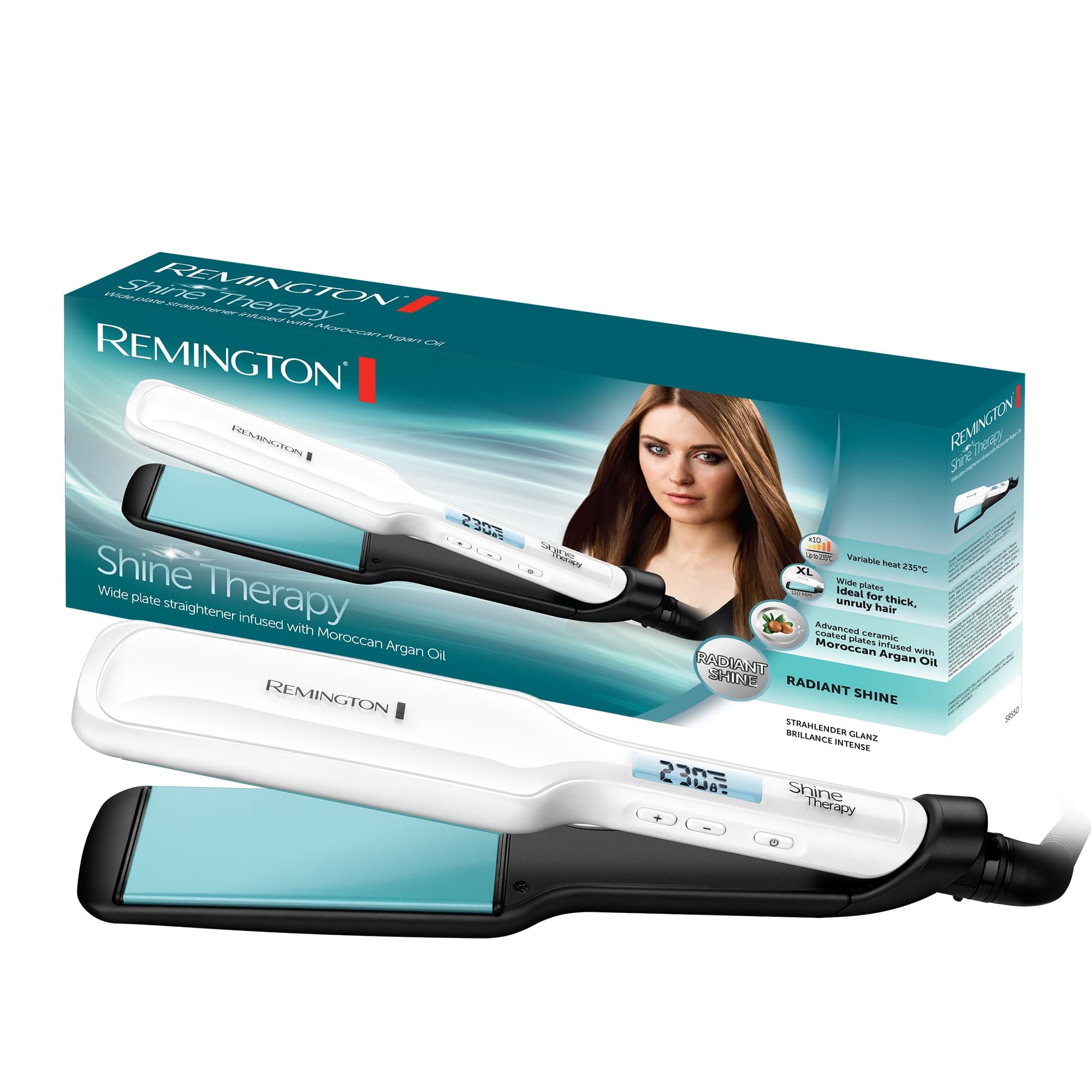 Remington Lisseur Cheveux [Soin Brillance & Douceur] Shine Therapy (Plaques larges, Céramique, Soin huile d'argan marocaine & vitamine E, Ecran LCD, 150-230°C) Fer à Lisser S8550
