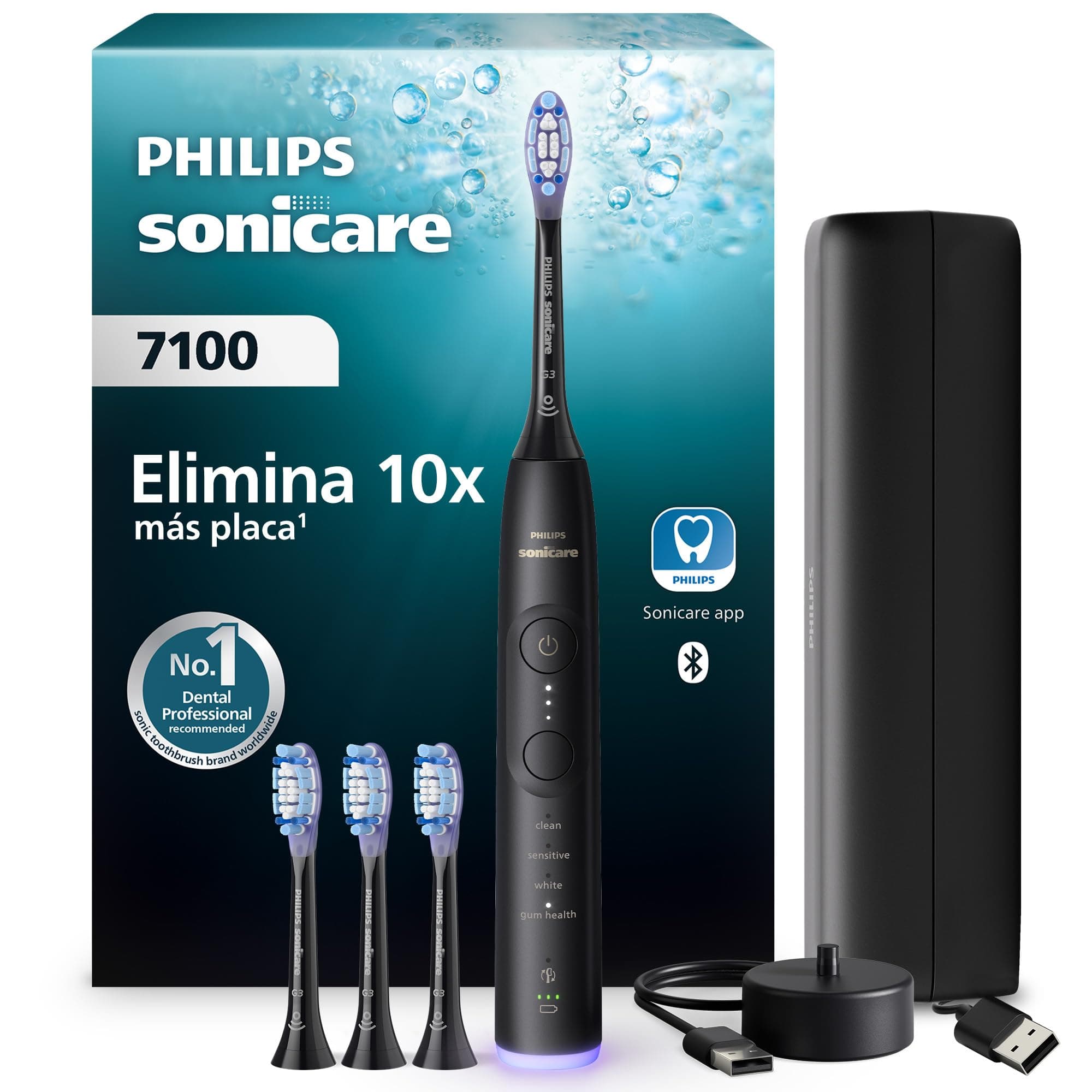 Philips Sonicare 7100 cepillo dental eléctrico, sónico con 4 modos de cepillado y 3 niveles de intensidad, alerta de presión, EasyStart, SmarTimer, negro, HX7421/08 [Nueva Tecnología]