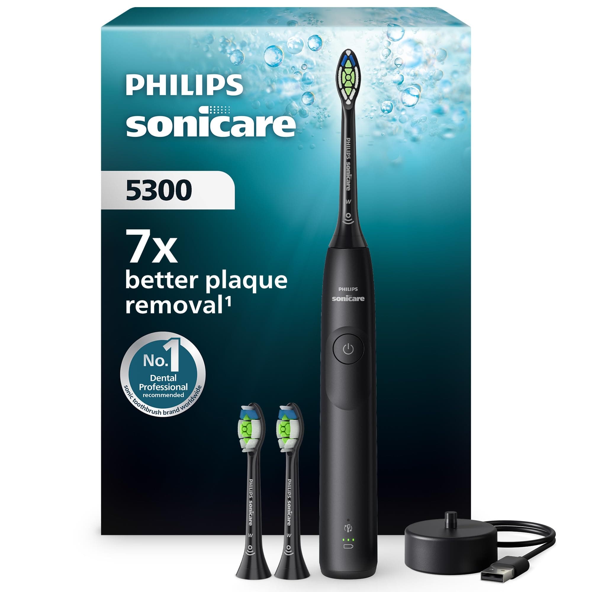 Philips Sonicare 5300 cepillo dental eléctrico, sónico con 2 niveles de intensidad, alerta de presión, EasyStart, SmarTimer y BrushPacer, negro, modelo HX7101/04 [Nueva Tecnología]
