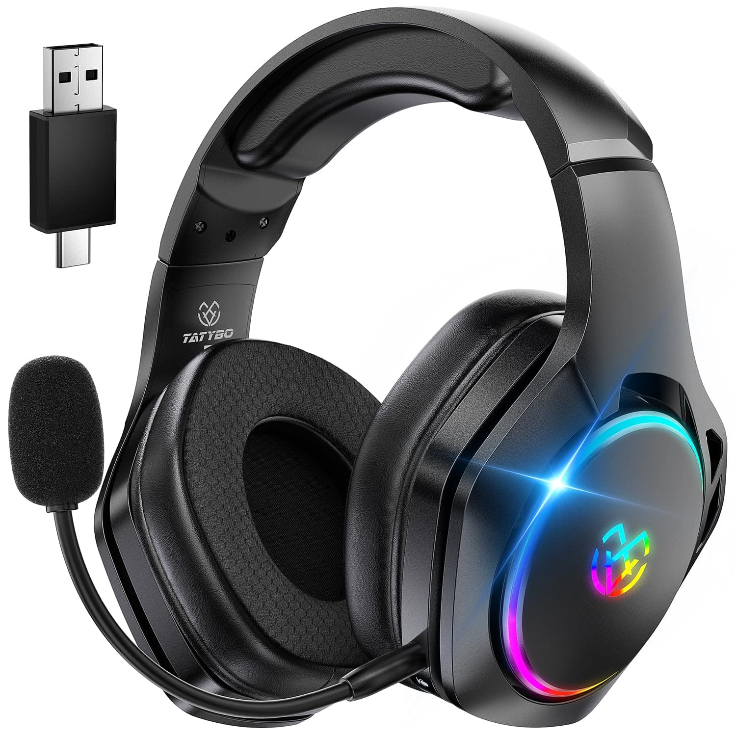 Tatybo Cascos Gaming Inalámbricos para PC/Ps5/Ps4, Auriculares Gaming Inalámbricos con 2,4 GHz+Bluetooth 5,3 Modo Dual, 7.1 Sonido Envolvente, Duración 40Hr+