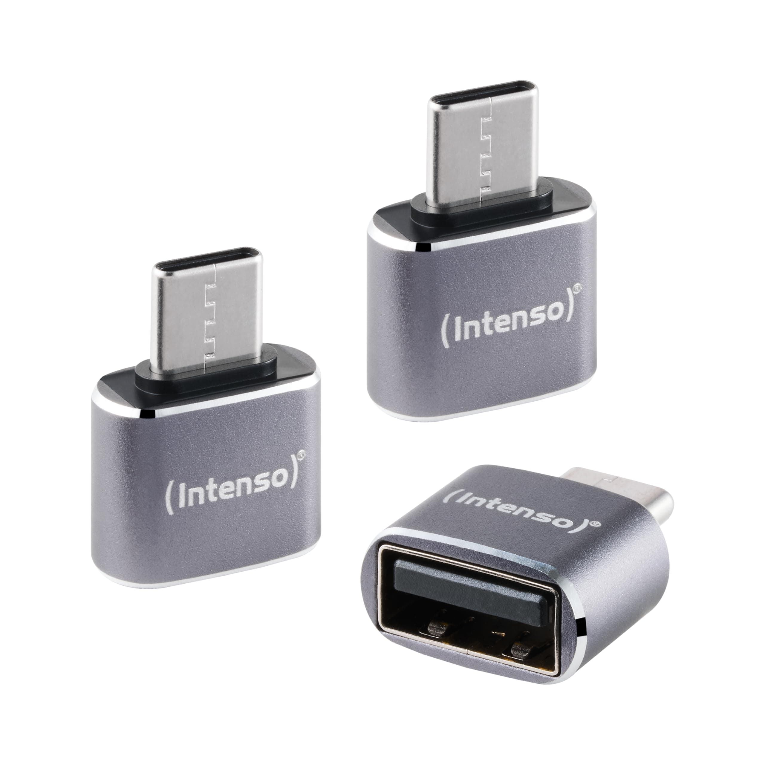 Intenso Adapter USB-A zu USB-C (A480C) 3 Stück, 480 Mbit/s High-Speed USB 2.0, OTG, Aluminium, Grau