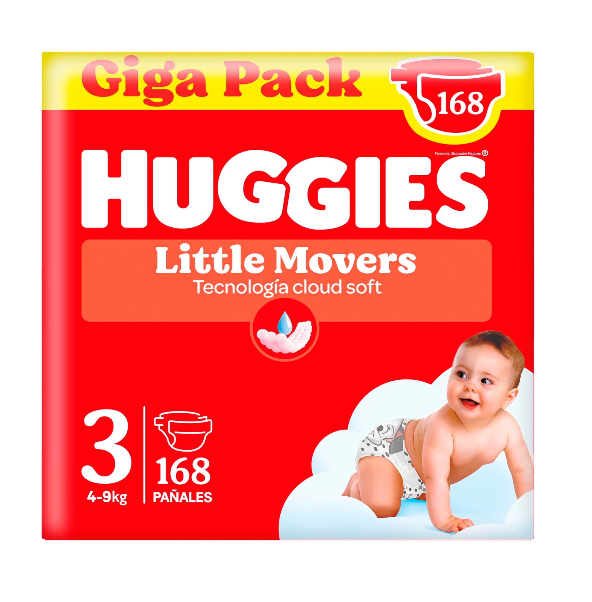Huggies Little Movers Pañales para Bebé con Diseños Disney Talla 3 (4-9 kg), Comodidad para la Piel 24/7, 3 Packs de 56, Total 168 Pañales