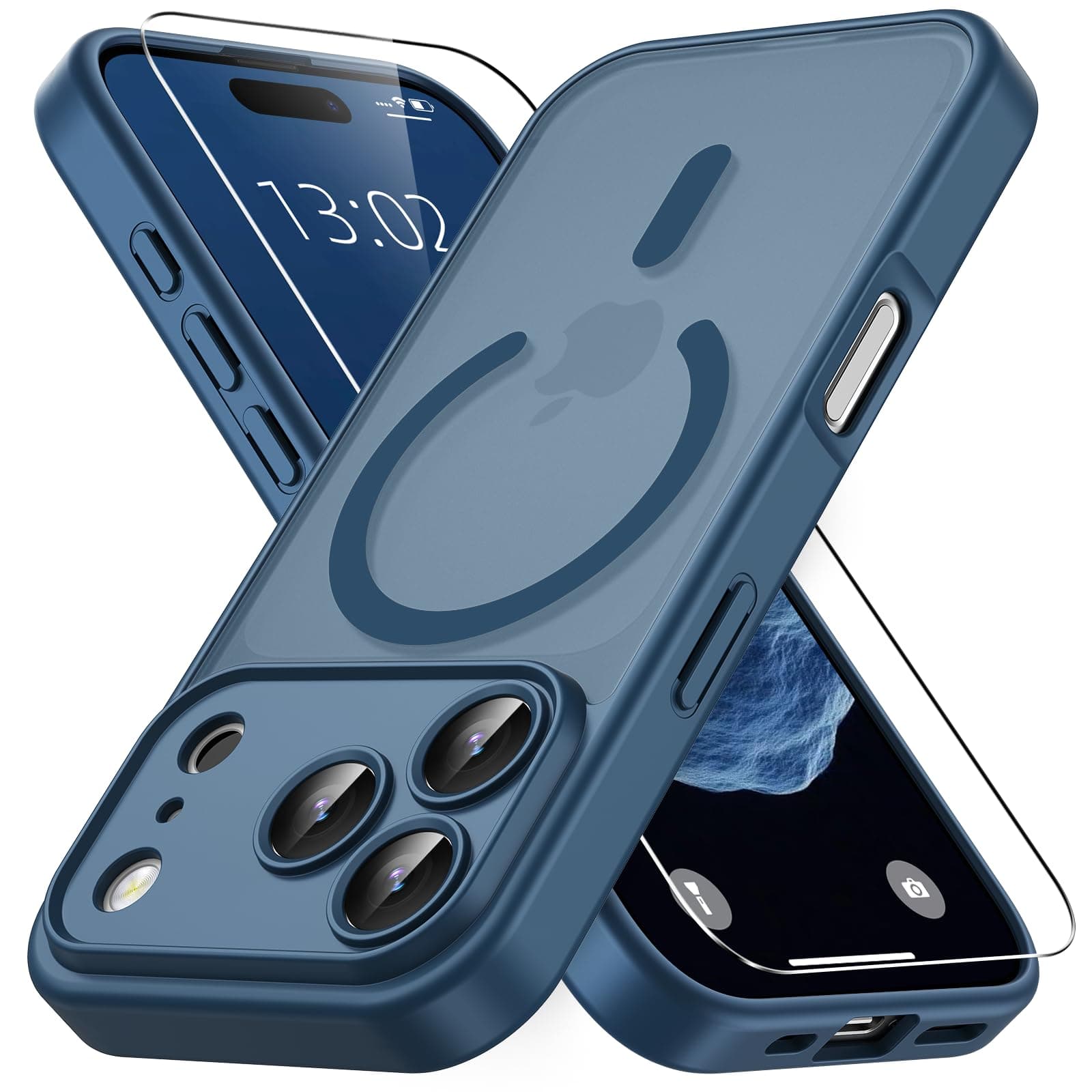 Vansdon Magnétique Coque pour iPhone 17 Pro avec 1 Verre Trempé, Compatible avec MagSafe, Protection Contre Les Chutes de qualité Militaire, Coque Mat Translucide Fine Antichoc -Bleu Foncé