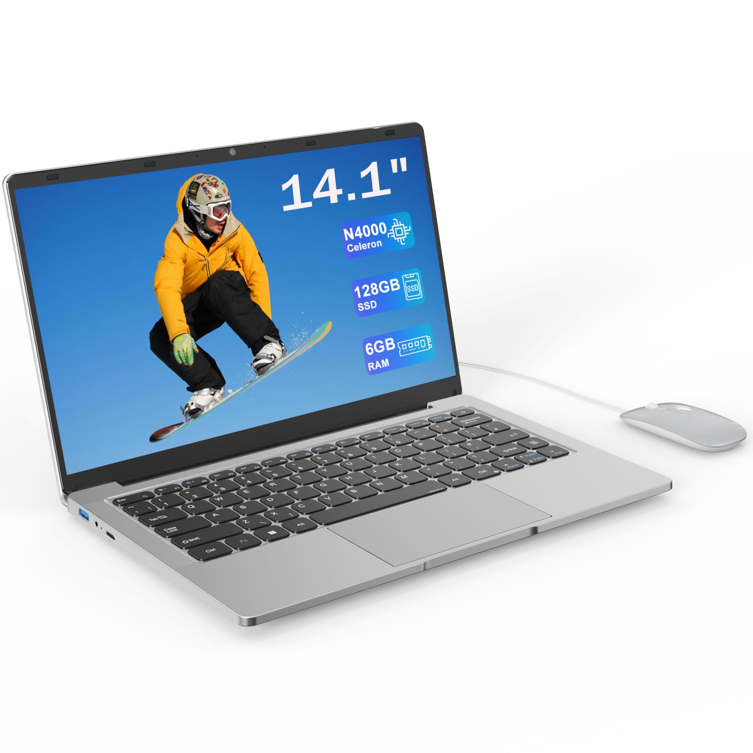 Ordinateur Portable 14,1" HD, 6 Go RAM, SSD 128 Go, Processeur Double Cœur, Wi‑Fi 2,4G/5G & Bluetooth, Design Silencieux Sans Ventilateur, PC Portable Léger avec Souris Offerte & Clavier Confortable