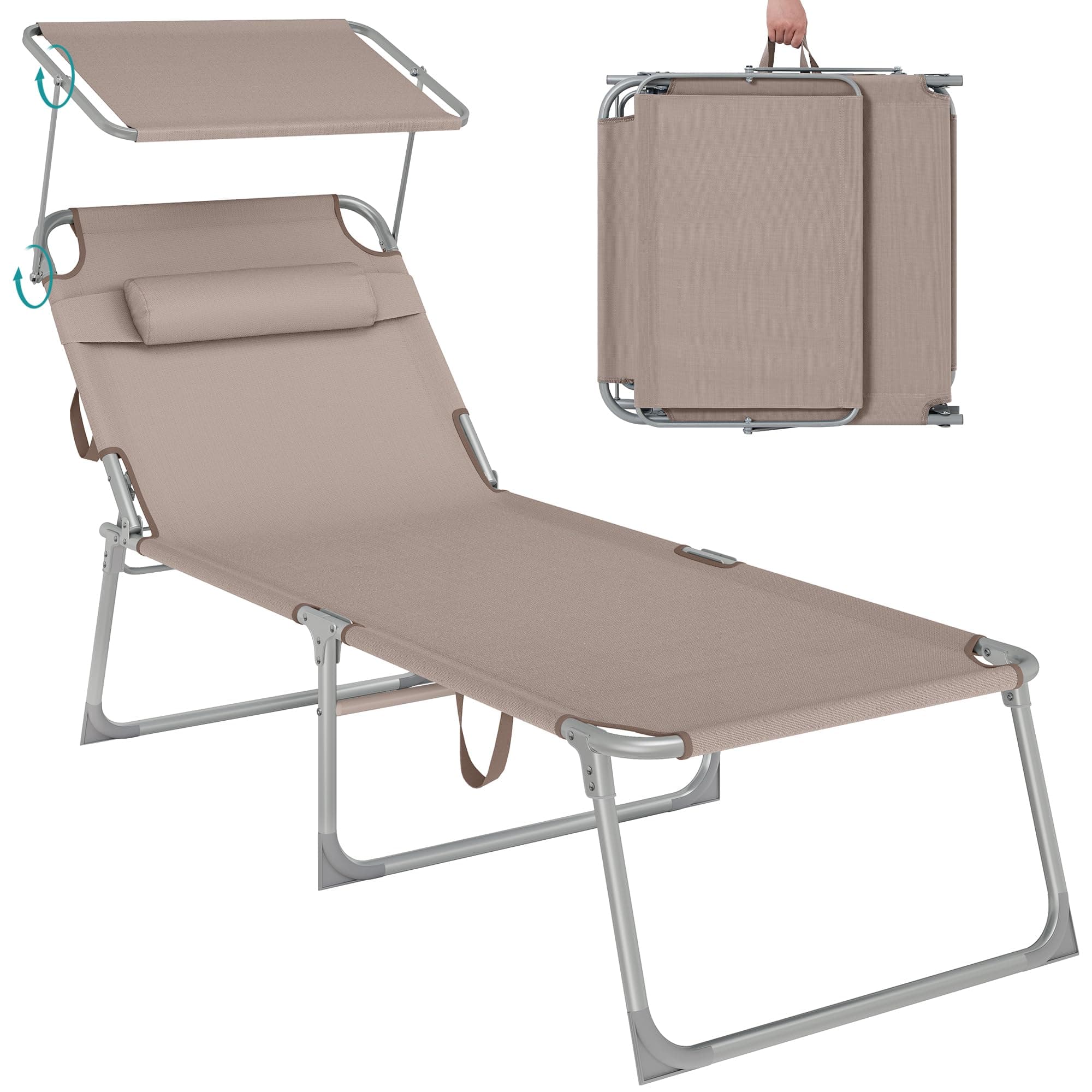 SONGMICS Große Sonnenliege, klappbarer Liegestuhl, 71 x 200 x 38 cm, Belastbarkeit 150 kg, mit Sonnenschutz, Kopfstütze und Verstellbarer Rückenlehne, für Garten Pool Terrasse, Taupe GCB022K01