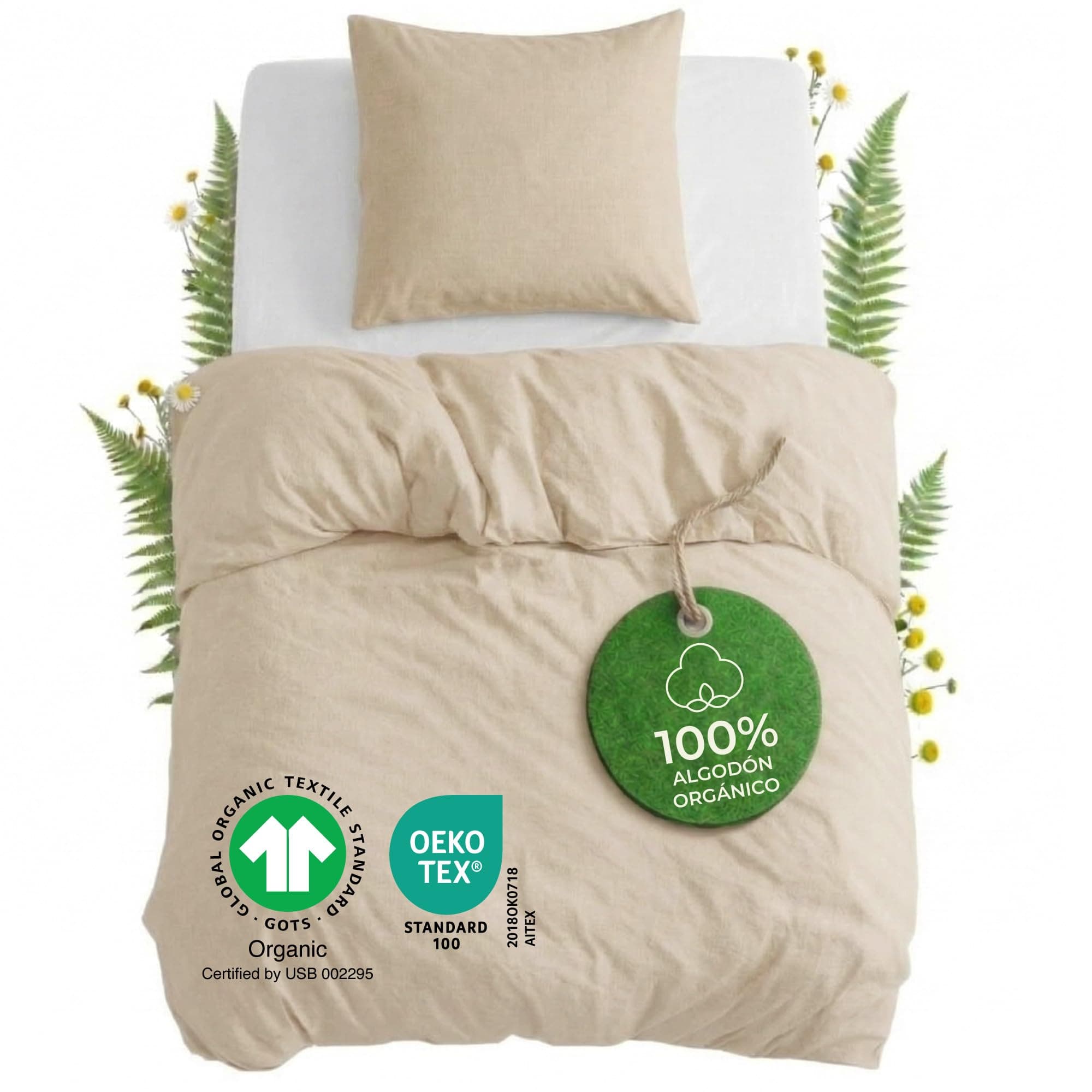 Dreamzie Funda Nordica Cama 90 Algodon Organico - Funda Nordica 140x200cm, Funda de Almohada 65x65cm - Algodon Bio Percal 180 TC - Certificado Oeko-Tex & Gots - Beige