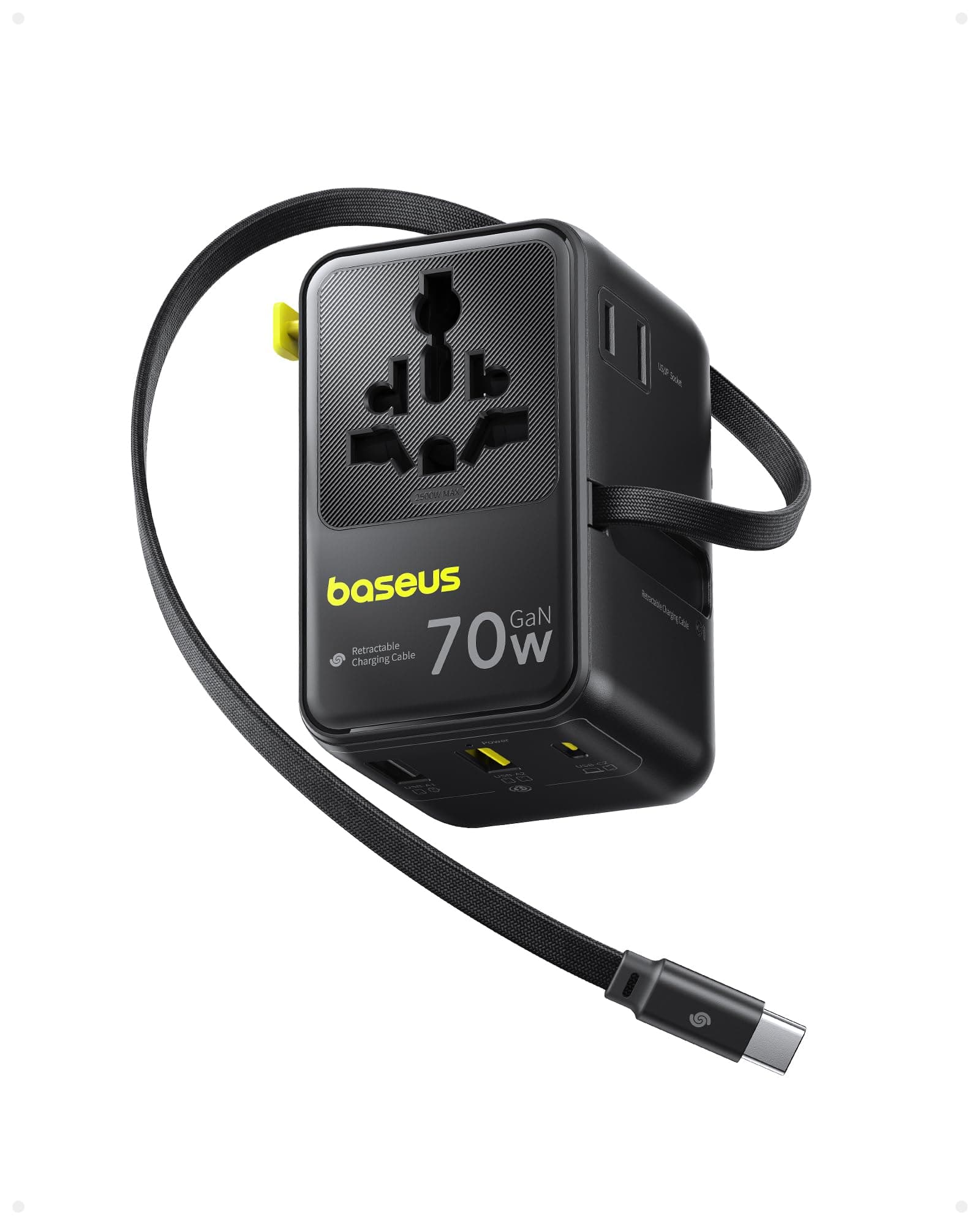 Baseus Enercore 70W Adaptador Enchufe Universal con Cable Retráctil, 2 AC + 2 USB A + 1 USB C, Adaptador de Corriente Internacional para EE. UU., Reino Unido, Japón, Tailandia, Australia