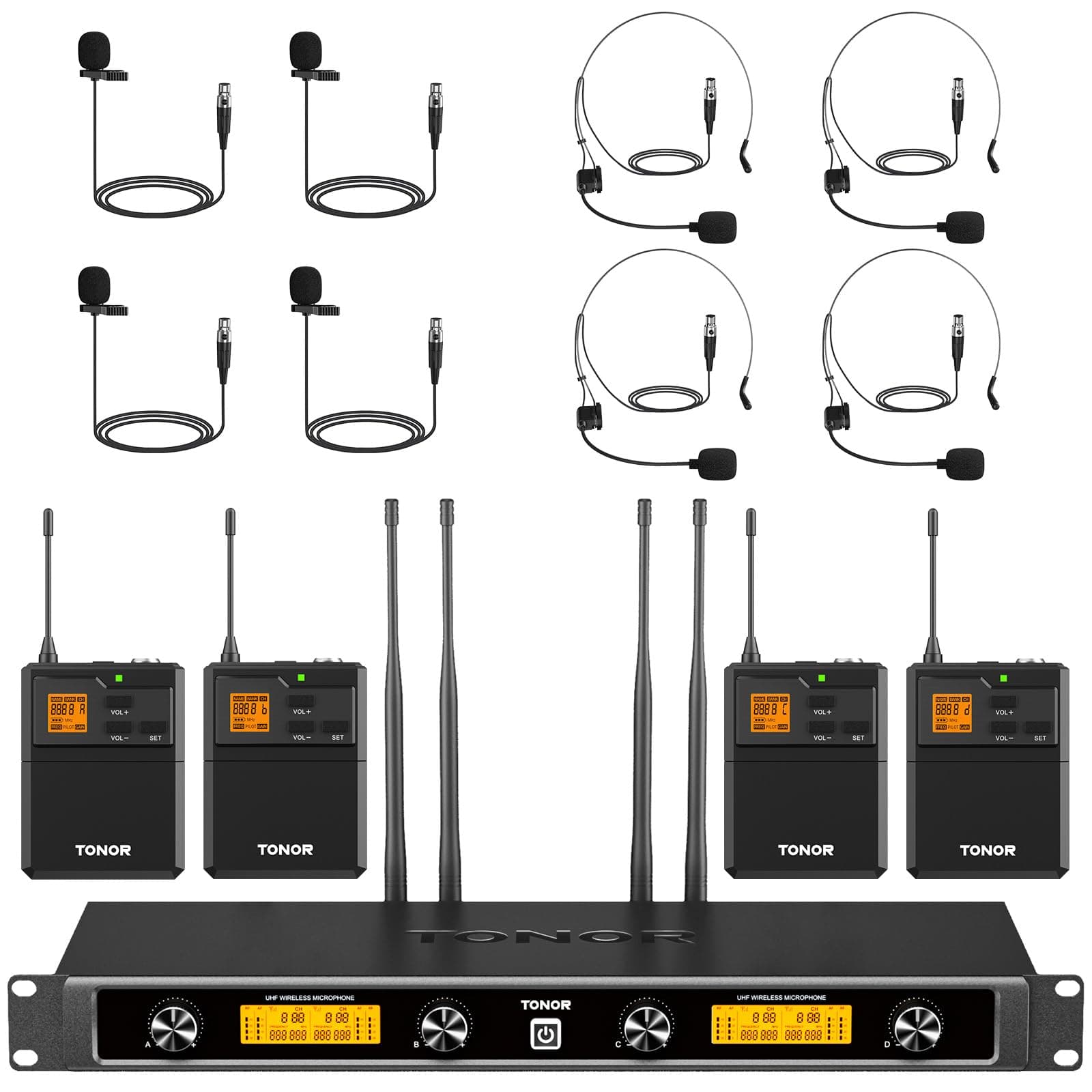 TONOR UHF Sistema Microfonico Wireless con Microfoni Headset/Lavalier e Bodypack, Ricevitore Ricaricabile, 4x5 canali, Portata 90 m, per Registrazione di Discorsi Speaker Chiesa Feste Mixer