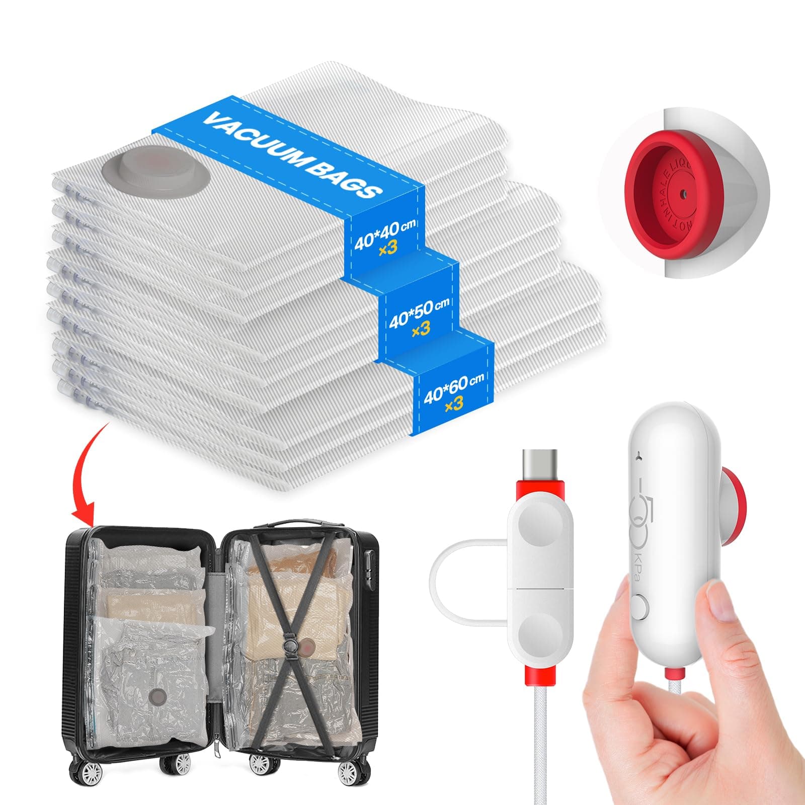 Vacbird Sac Sous Vide Vêtements avec Pompe USB, 9 Sac de Rangement Sous Vide (3x 40x40cm, 3x 40x50cm, 3x 40x60cm), Réutilisables et Portables, Idéal pour Rangement Vêtements et Penderies, Voyages