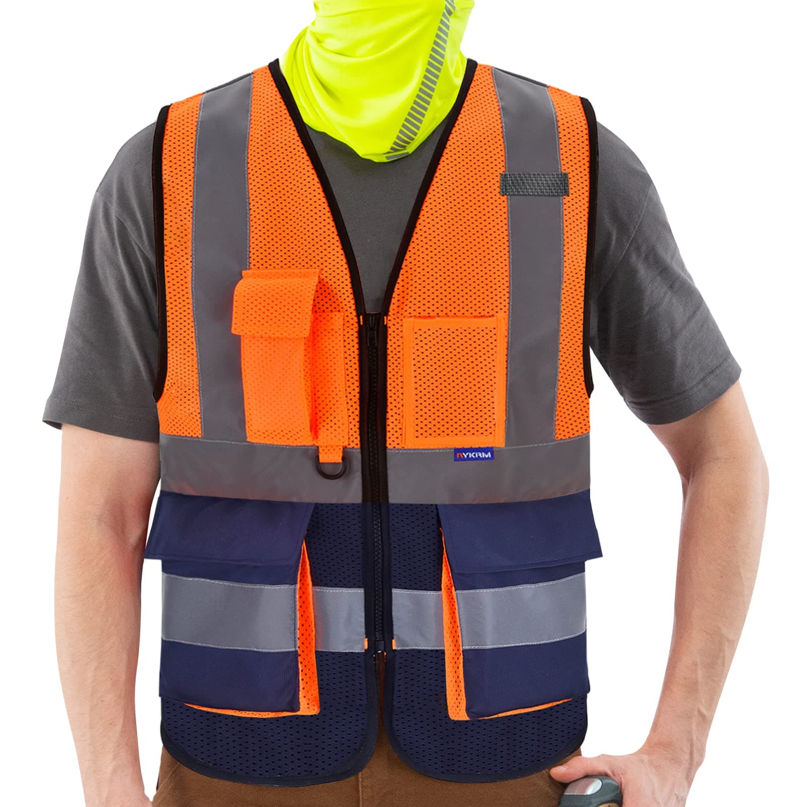 AYKRM Plusieurs Couleurs 7 Poches de Classe 2" Gilet de sécurité Haute visibilité maille été Devant avec des Bandes réfléchissantes, Gilet orange - Unisexe