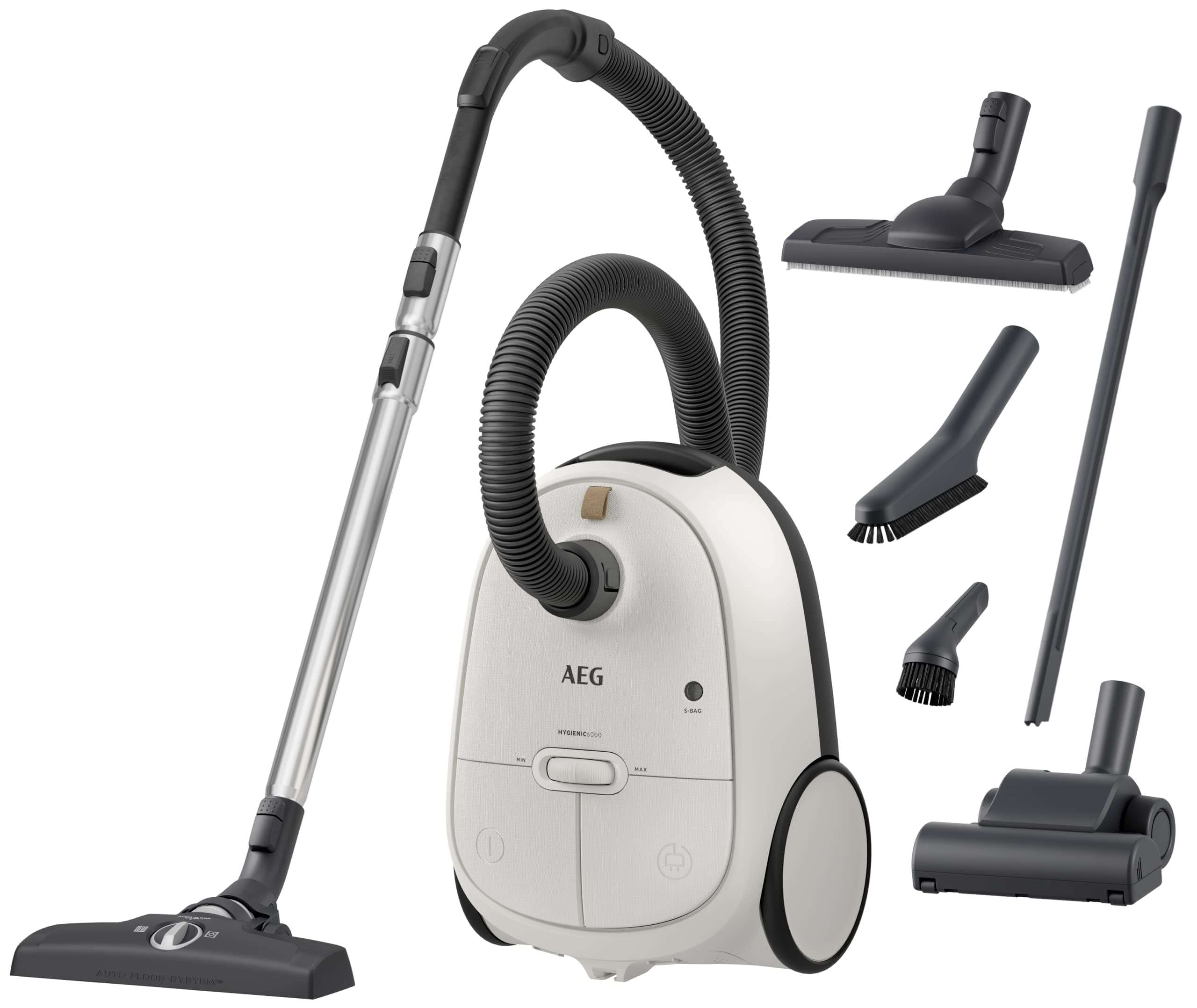 AEG AB61H6SW Aspiradora de Trineo con Bolsa, 850W de Potencia, 3,5L de Capacidad, Radio de acción 12m, Ruedas XL, Filtro Lavable, 3 cepillos + 3 Accesorios, 10 años garantía Motor, Blanco