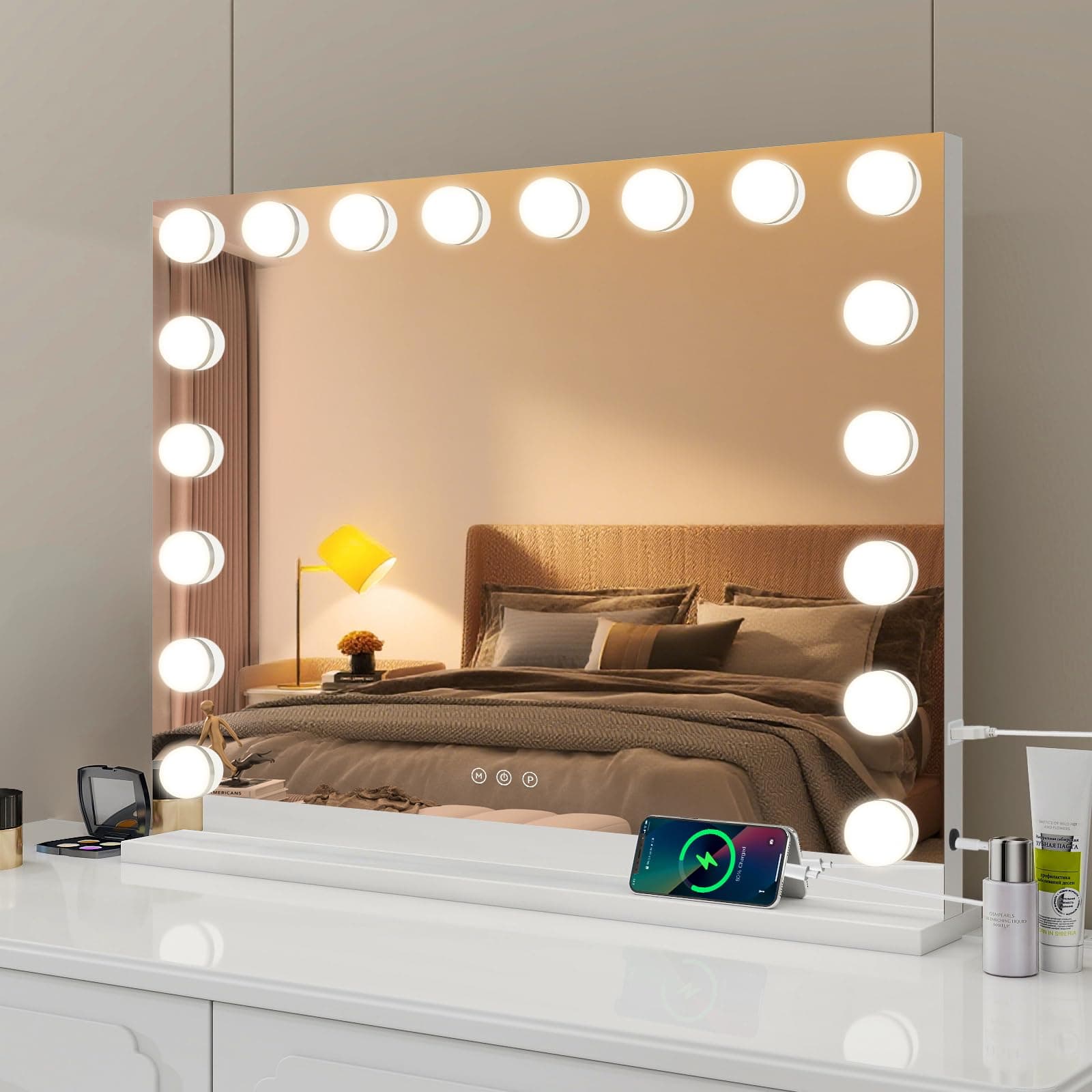 YOURLITE Miroir Maquillage Hollywood 80x62 cm,18 Ampoules LEDMiroir Coiffeuse Luminosité Variable avec Port USB, Contrôle Tactile avec Loupe Grossissante, pour Coiffeuse Miroir sur Table/sur Mur