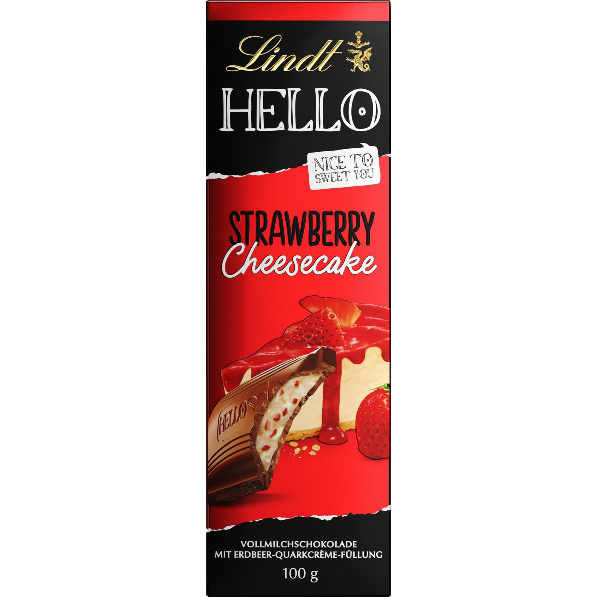 Lindt Schokolade HELLO Strawberry Cheesecake | 100 g Tafel | Vollmilch-Schokolade mit Erdbeer-Quarkcrème-Füllung | Schokoladentafel | Schokoladengeschenk