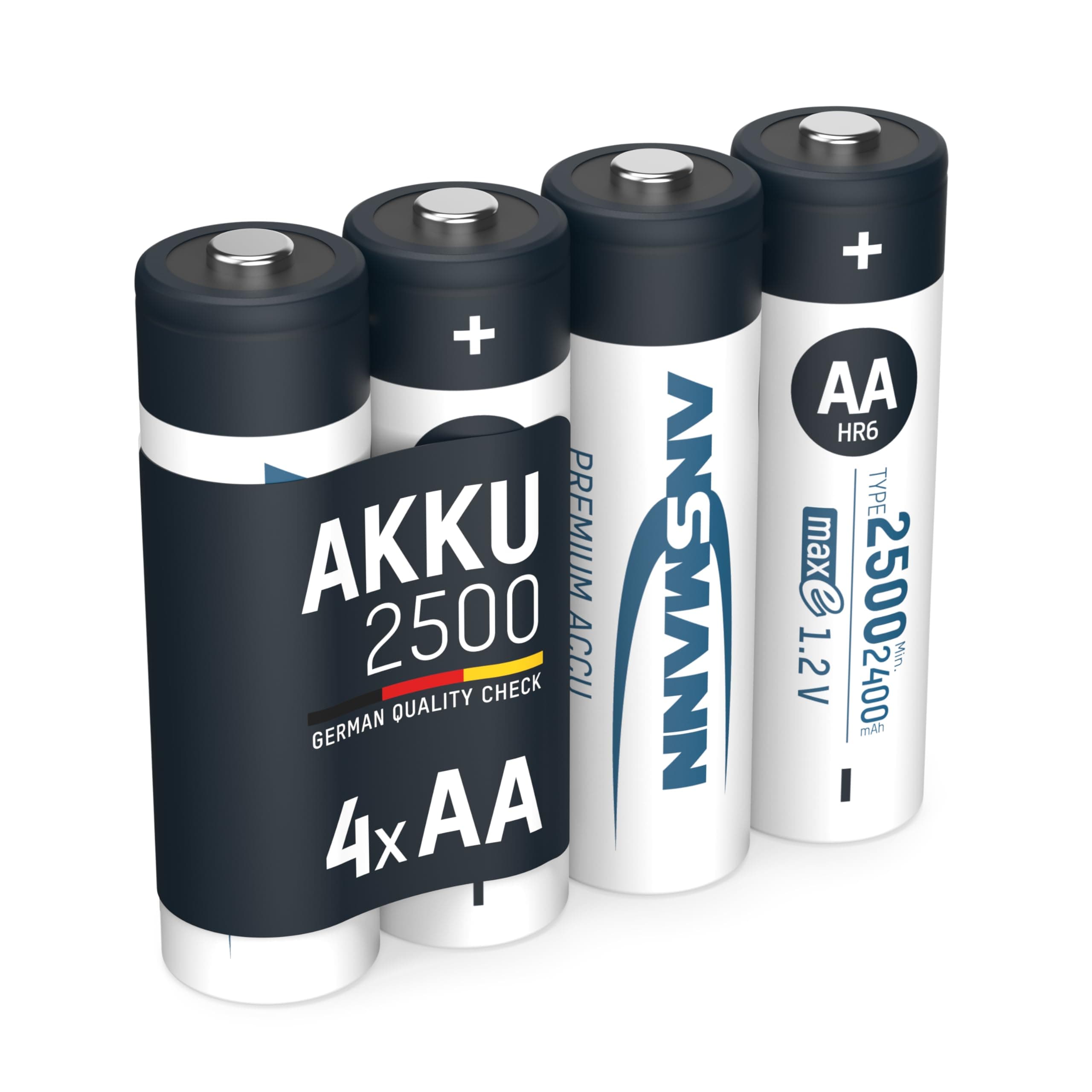 ANSMANN Akku AA 2500 mAh NiMH 1,2 V (4 Stück) - Mignon AA Batterien wiederaufladbar, maxE sorgt für äußerst geringe Selbstentladung für jahrelangen Einsatz