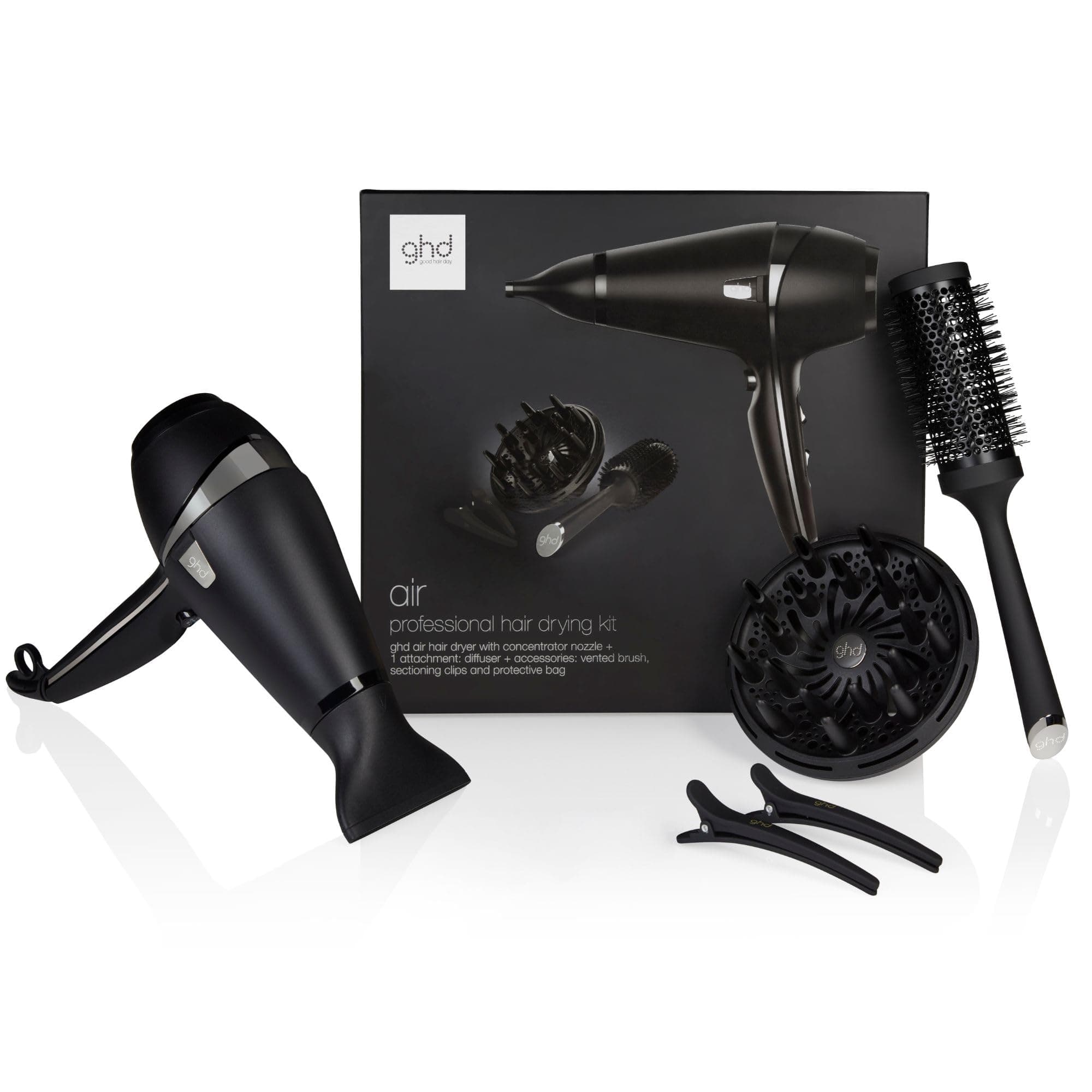 ghd - Coffret sèche-cheveux ghd Air - Sèche-cheveux professionnel (Noir) - Brosse, Diffuseur et Pinces inclus - Séchage et coiffage rapide - Réduit les frisottis - Idéal pour tous types de cheveux