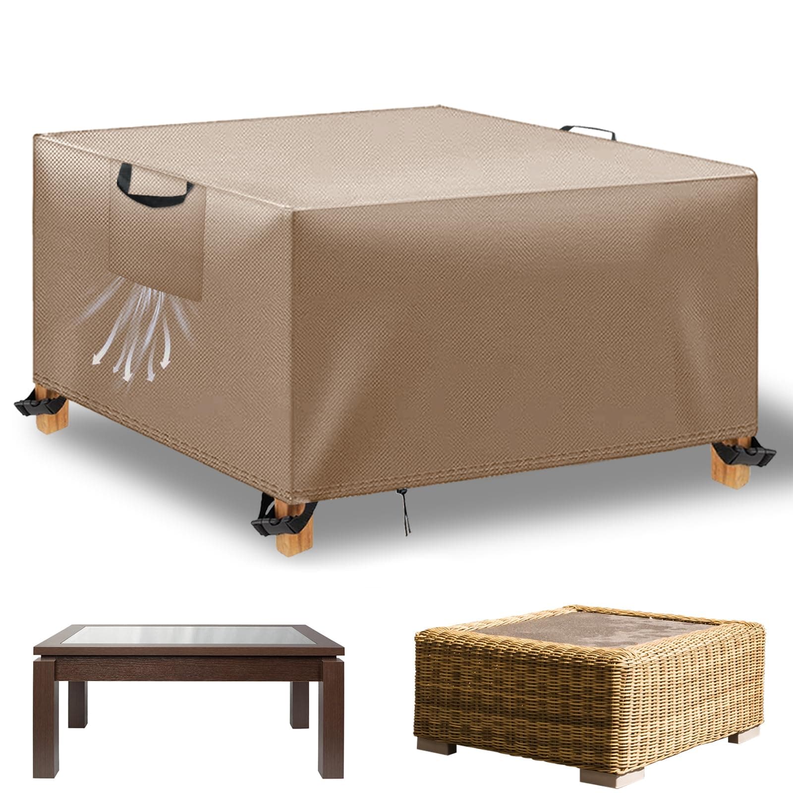 WUAYAMI Copertura Tavolo Esterno Impermeabile,Panno 420D Oxford Impermeabile Copertura,Tavoli e Sedie da Cortile Raggi UV, Quadrato Resistente Allo Strappo Copertura Tavolo (Kaki, 125x125x74cm)