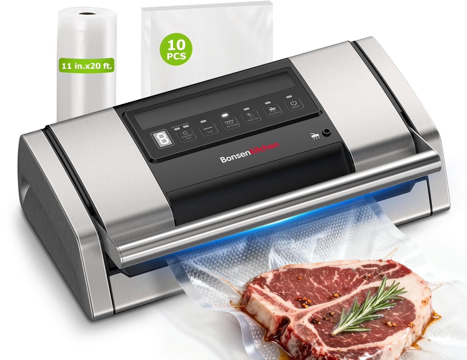 Bonsenkitchen Envasadora al Vacío, 15 L/min, con Clip Para Bolsas, Bloqueo de Asa y Cortador Integrado, Para Cocinar al Vacío y Preparar Alimentos, Sellado Rápido de Alto Rendimiento-VS5100