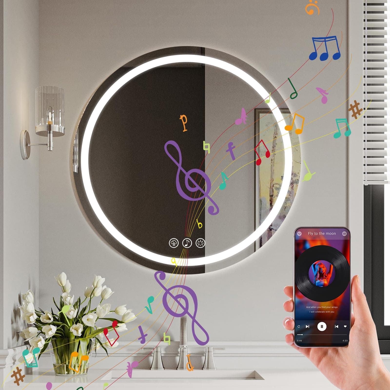 Ratsamee Bluetooth Espejo Baño con Luz Redondo 60cm, Espejos de Baño con LED con Antivaho, Regulable, 3 Colores Luz, Función Memoria