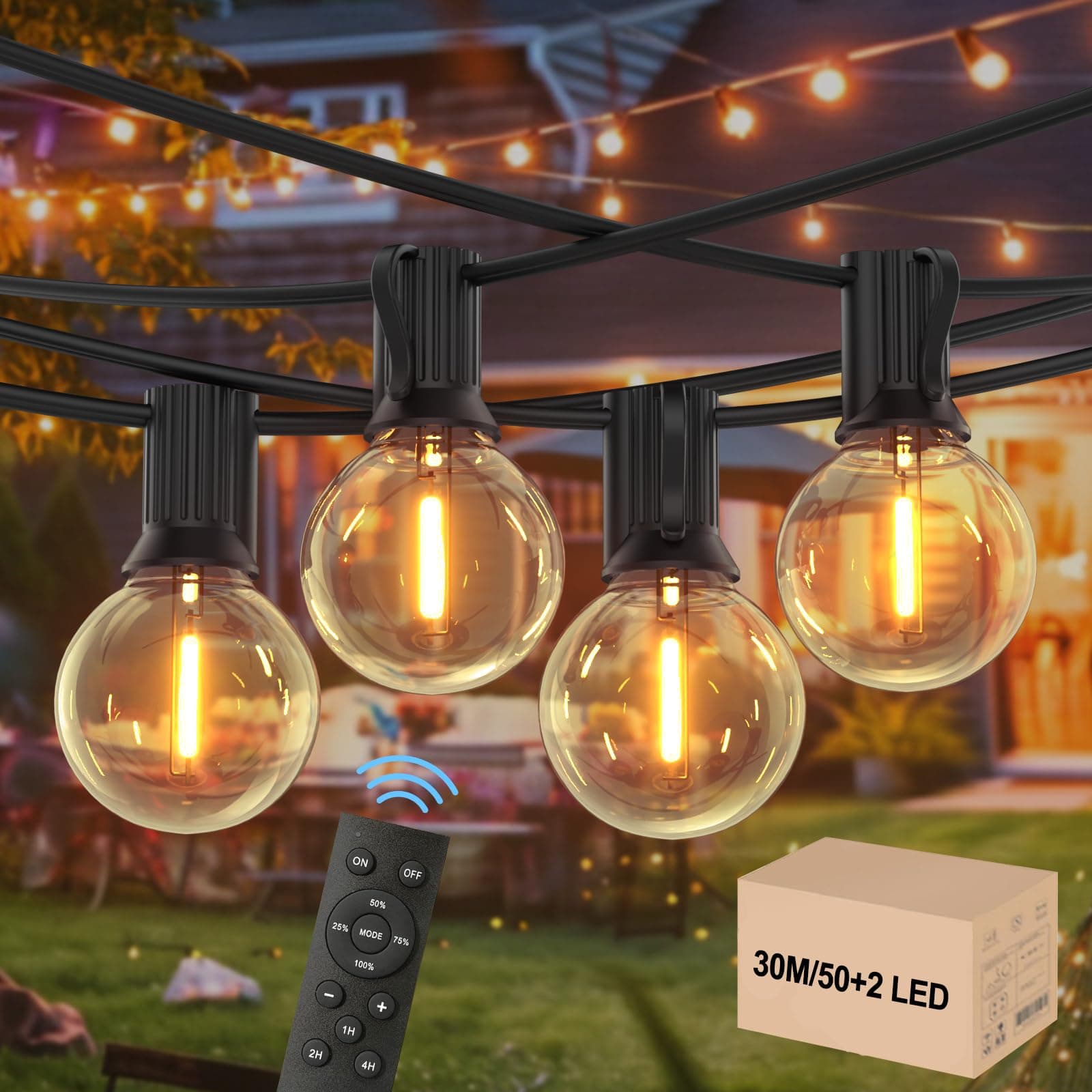 Guirlande Guinguette Exterieur - 30M Télécommande Réglable Guirlande Lumineuse 50+2 G40 Ampères, IP45 Waterproof, Chaîne Extensible à 120M, 2200K - Déco Lumineuse Pour Fêtes Extérieures (Réglable-30M)