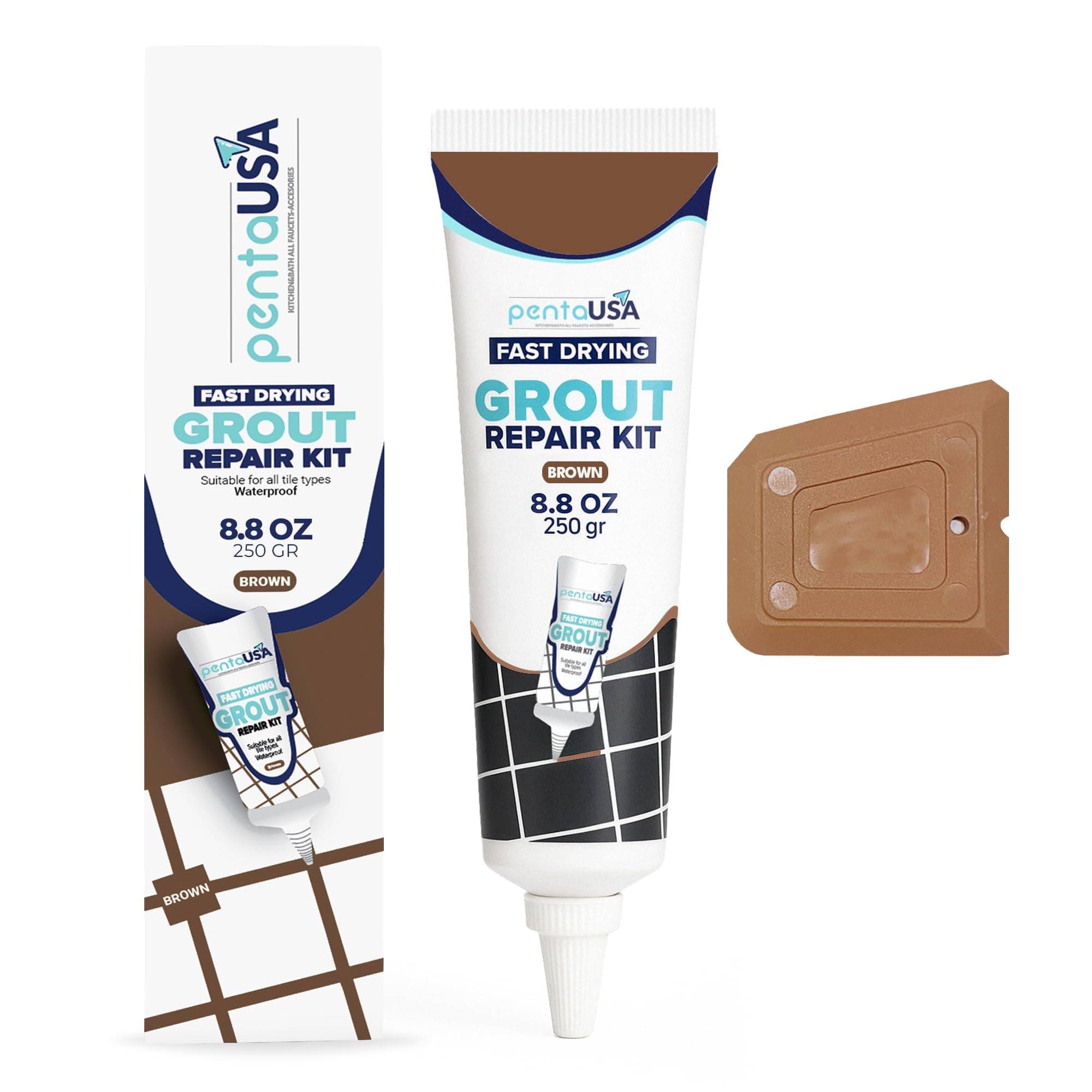 Riparazione Fughe Piastrelle - Tubetto Riempitivo Ripara e Rinnova, Malta per Piastrelle, Asciugatura Rapida + Raschietto, Stucco inodore - 250gr (Marrone)