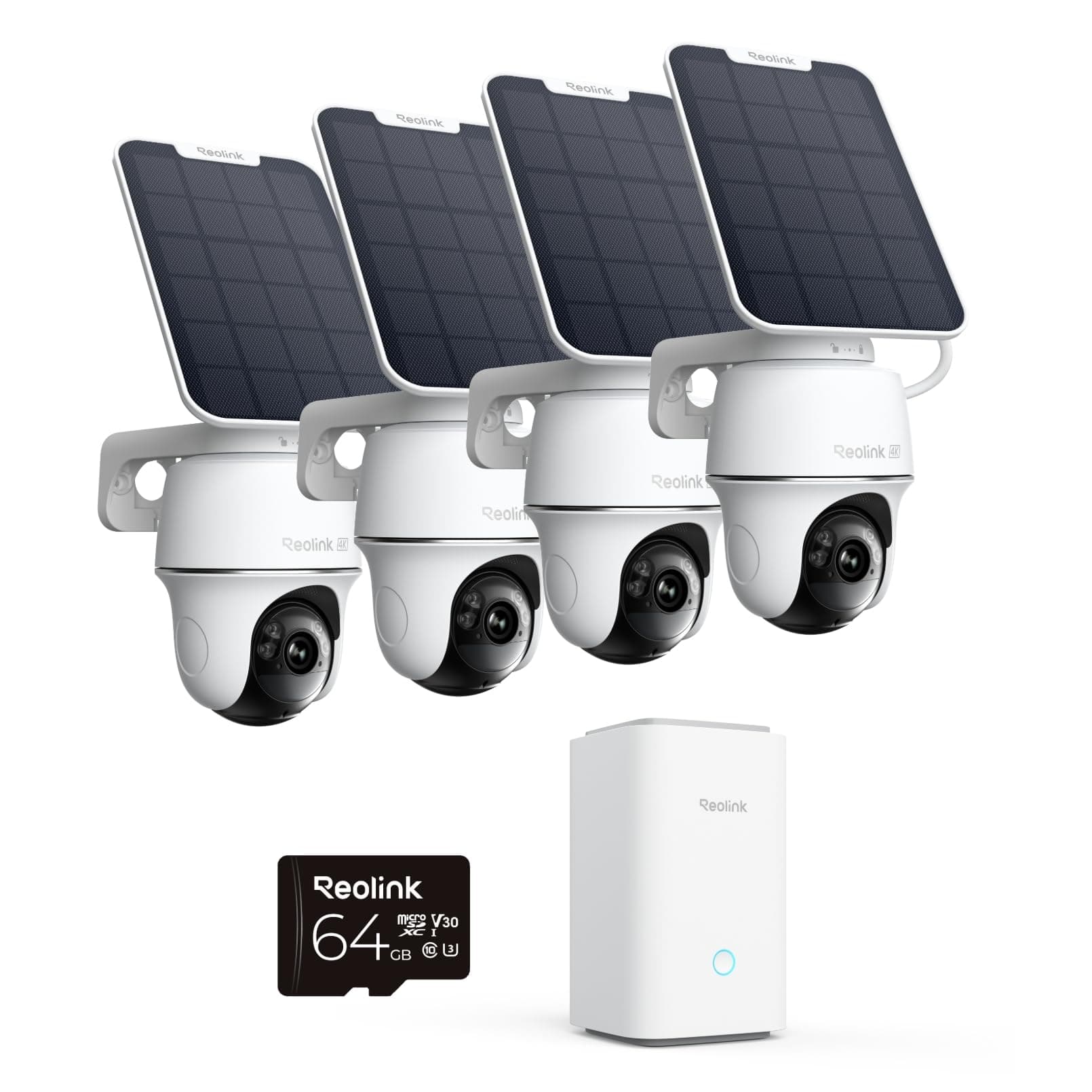Reolink 4K PT Solar Überwachungskamera Aussen Set Outdoor Akku mit Home Hub, 360° Schwenkbare, Farbnachtsicht, Lokaler Speicher, Ohne ABO-Gebühren, Argus PT Ultra 4-Kamera-Set, mit Solarpanel