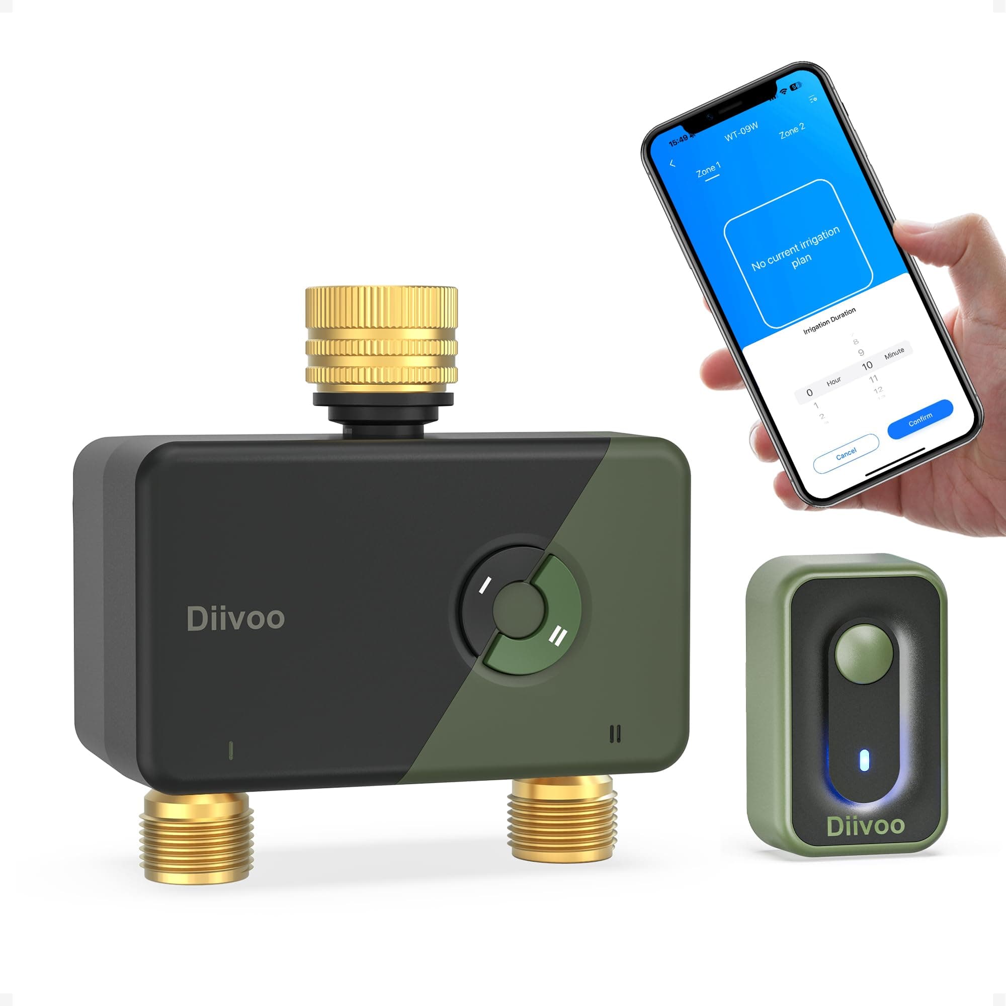 Diivoo Programador Riego WiFi 2 Zonas con Entrada Salida de Latón, Temporizador Riego App y Compatible con Voz Alexa, Temporizador Riego Automático para Manguera de Jardín, Césped