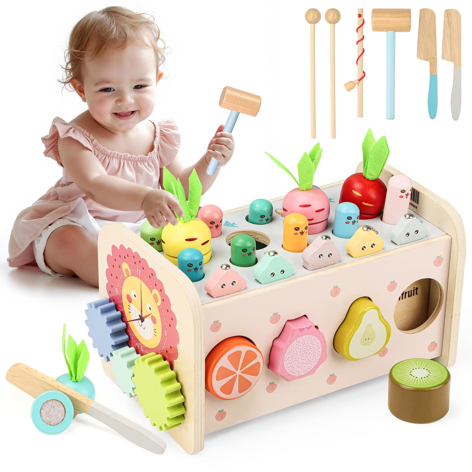 9 in 1 Juguetes Montessori Niña Niño, Cubos Actividades Madera Bancos con Martillo Juego de Pesca Frutas con Instrumentos Musicales Xilofono, Juguetes Sensoriales Educativos Regalo Cumpleaños Pascua