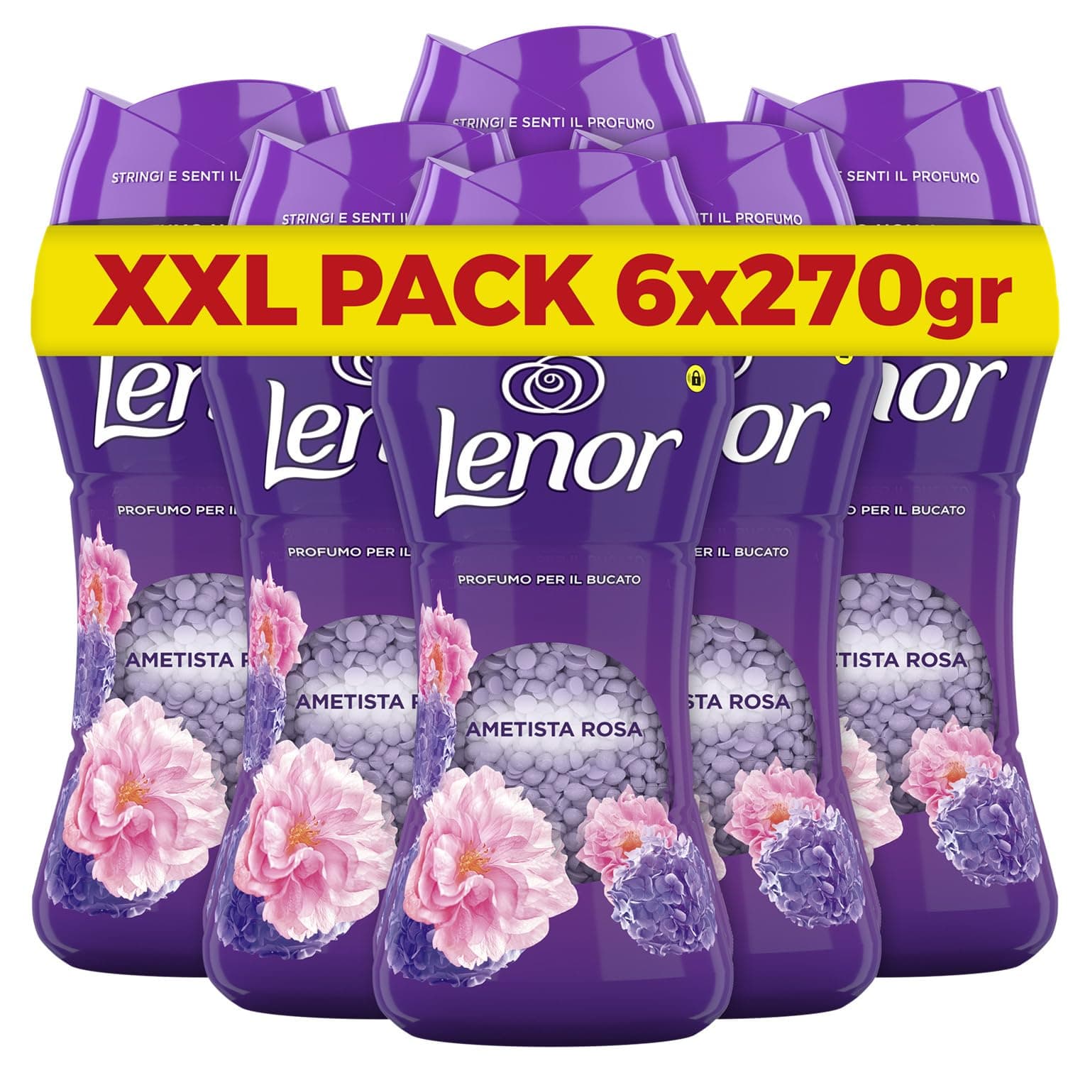 Lenor Profumatore Bucato Perle Profumate Lavatrice, Ametista Rosa, Mega Pacco 6 x 270g, Intensificatore Di Profumo