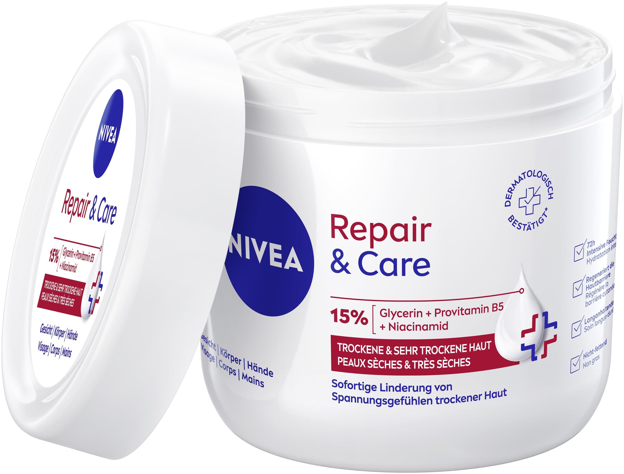 NIVEA Repair & Care Creme (400ml), feuchtigkeitsspendende & nicht fettende Körpercreme, schnell einziehende Lotion mit Provitamin B5 & Glycerin, für sehr trockene Haut