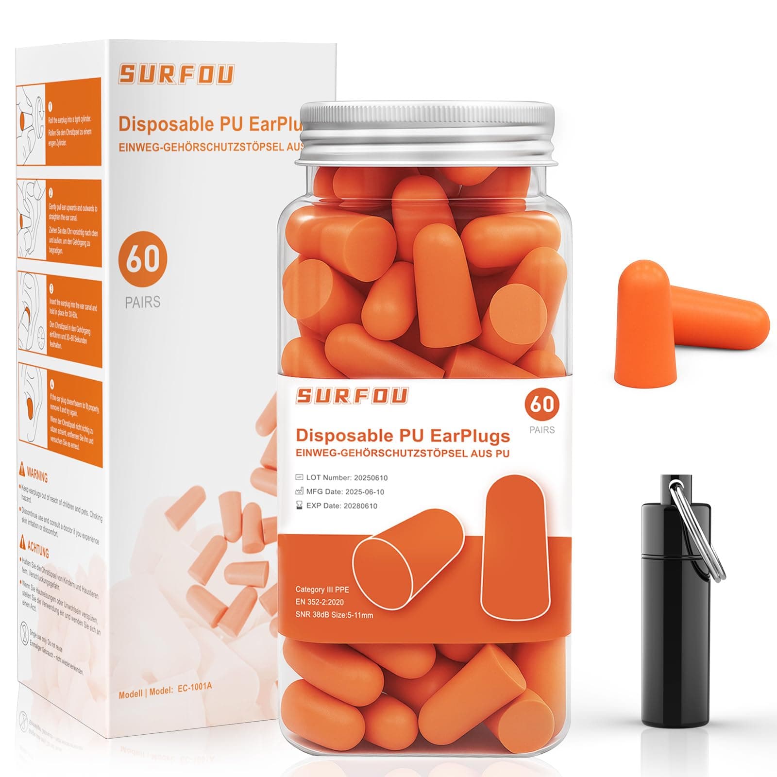 SURFOU Tapones Oidos Ruido Dormir, 60 Pares, Reducción 38 dB, Reutilizables y Ultra Suaves, Ideales para Personas que Duermen de Lado, Viajes, Casa y Estudio, Naranja