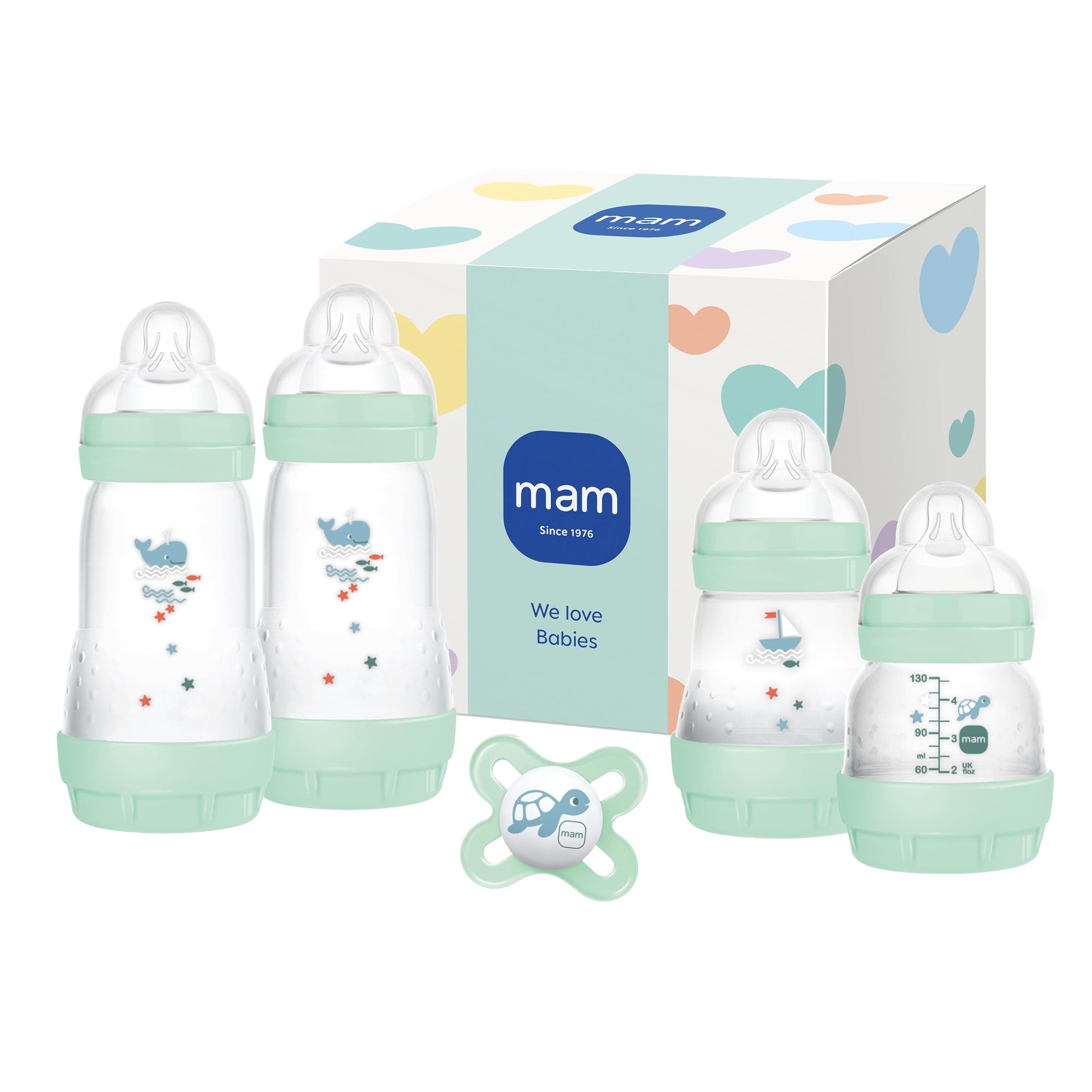 MAM Easy Start Anti-Colic Neugeborenen-Set | 0+ Mon | Babyflaschen Geschenk-Set | 94% Akzeptanz | 96% Hebammen-Empfehlung | 80% weniger Koliken | 4 Trinkflaschen & 1 Original Start Schnuller | mint