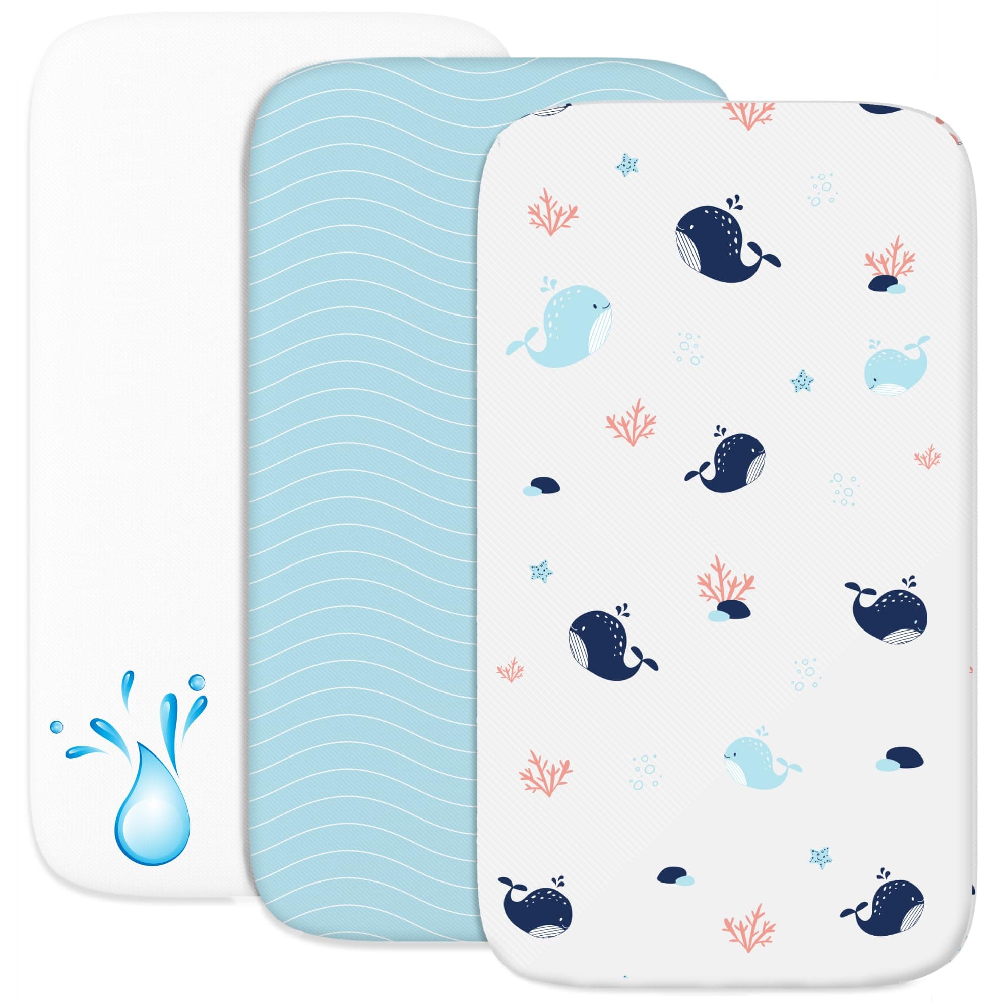 Lenzuola Next To Me 3-in-1 - Lenzuola Culla Cododo con Angoli (Set da 2) + 1 Coprimaterasso Impermeabile con Elastico - 50 x 83 cm - Per Culla Co-sleeping, Lettino - Bimbo e Bimba - Oceano