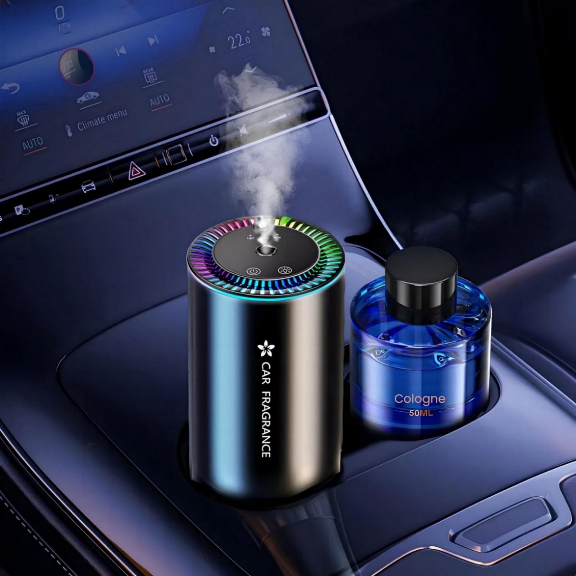 AI Profumatore Auto Diffusore con 50 ml di Profumo (Colonia), Elettrico Fragranze Deodorante, ON/Off Automatico, Nebulizzatore ad Ultrasuoni, 3 Modalità, Batteria Integrata, Durata di 5 Mesi BJ-577