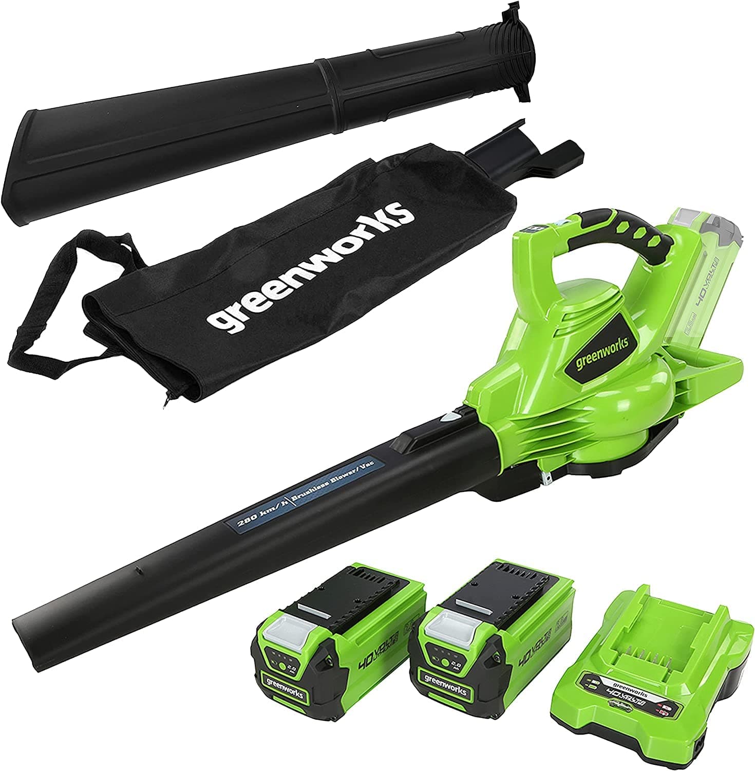 Greenworks GD40BVK2X Soplador Aspirador de Hojas a Batería con Motor sin Escobillas, 280 km/h, 9,63 m³/min, Bolsa Recogedora de 45L, Dos de las Baterías de 40V 2Ah y Cargador, Garantía de 3 Años