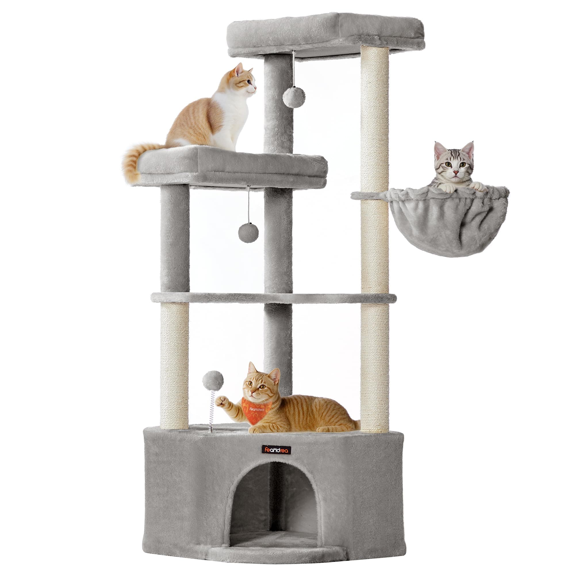 Feandrea Arbre à Chat, 48,5 x 48,5 x 140,7 cm, Tour de Jeux pour Chats, avec Niche, Grandes Plateformes, Balles en Peluche, Hamac, Gris Tourterelle PCT009G01