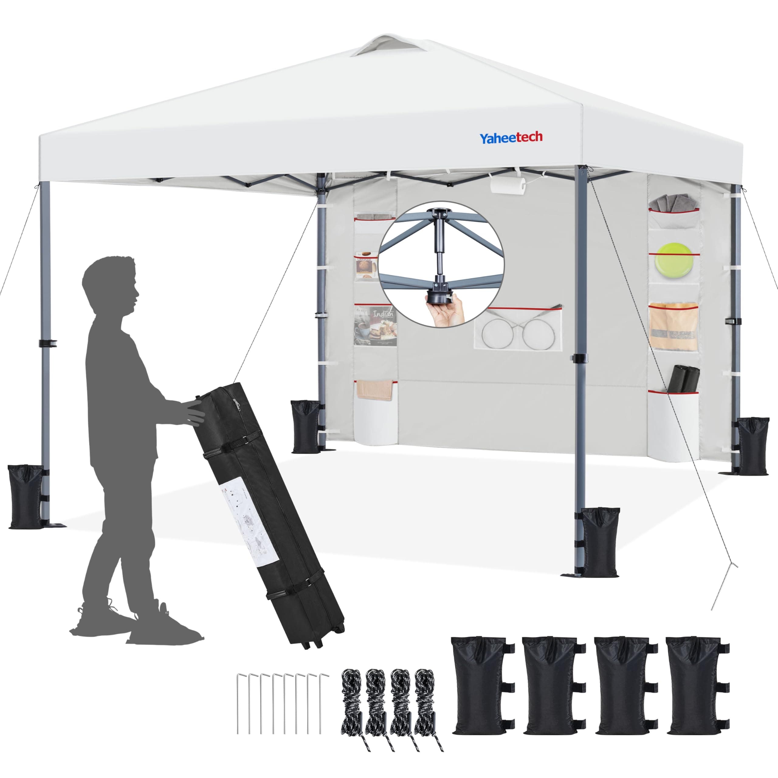 Yaheetech Carpa Pop-Up con Botón Central con Pared Lateral de 9 Bolsillos de Almacenamiento, Altura Ajustable 1 Bolsa con Ruedas 4 Sacos de Arena para Playa, Patio, Camping y Jardín (Blanco, 3x3M)