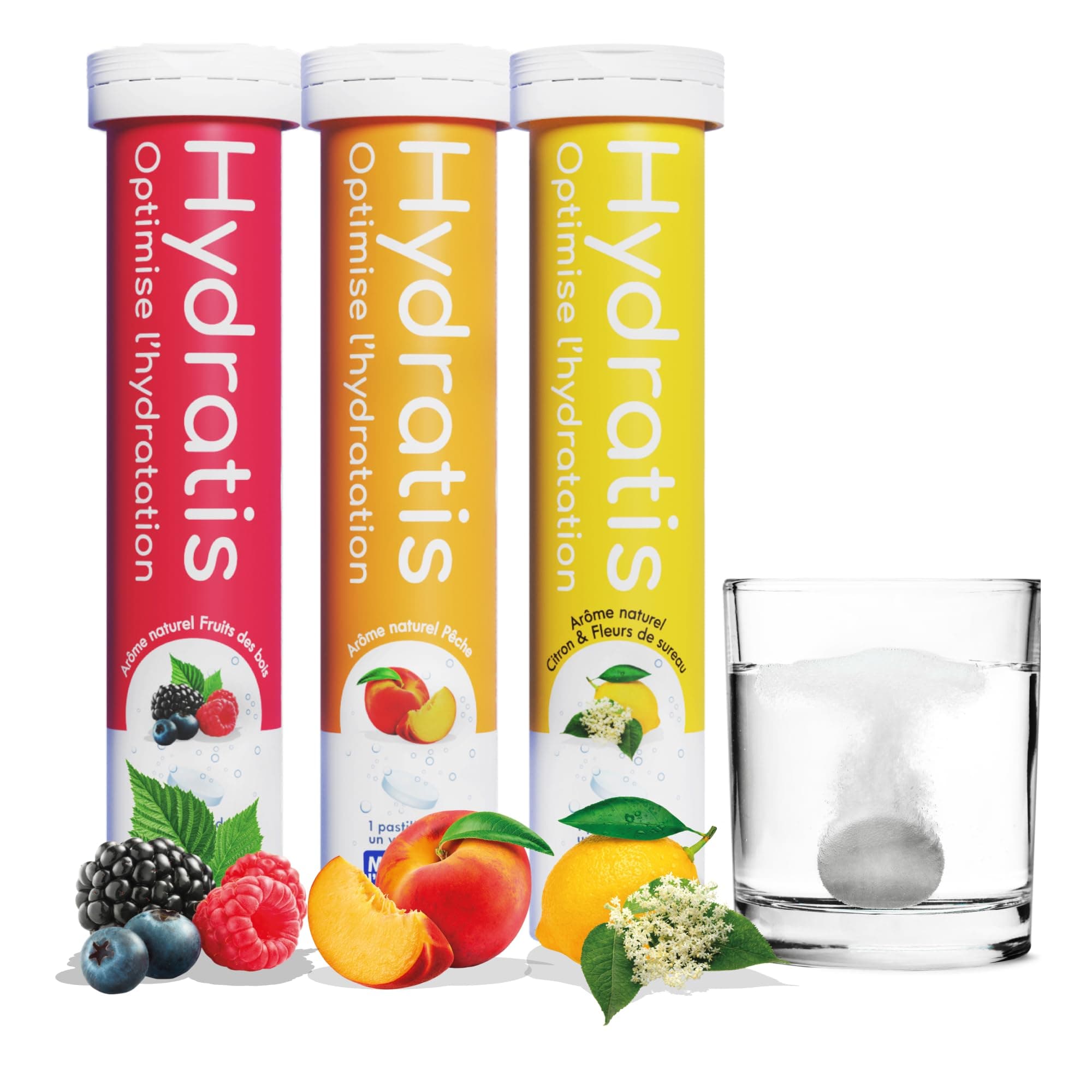 HYDRATIS - Pastilles Hydratation Electrolytes - Mix Fruits des Bois + Pêche + Citron/Sureau - Améliore l'Hydratation et Favorise l'Énergie - Sport, Récupération - 3 tubes (60 Pastilles)