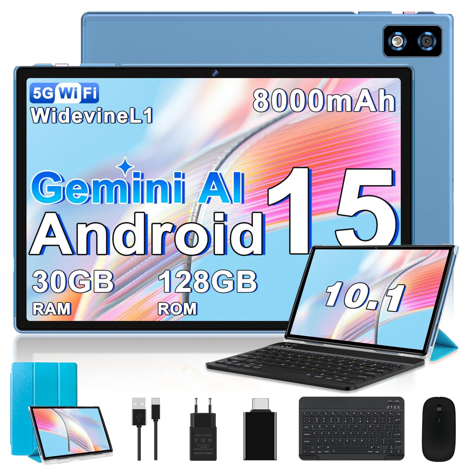 BIEGEDY 2026 último Tablet 10 Pulgadas Android 15 con Gemini AI, 30GB RAM + 128GB ROM, Octa-Core 2.0GHZ, 8000mAh, GMS, Widevine L1, GPS, OTG,5G WiFi 6 & BT 5.0,Tablet Teclado y Raton-Azul