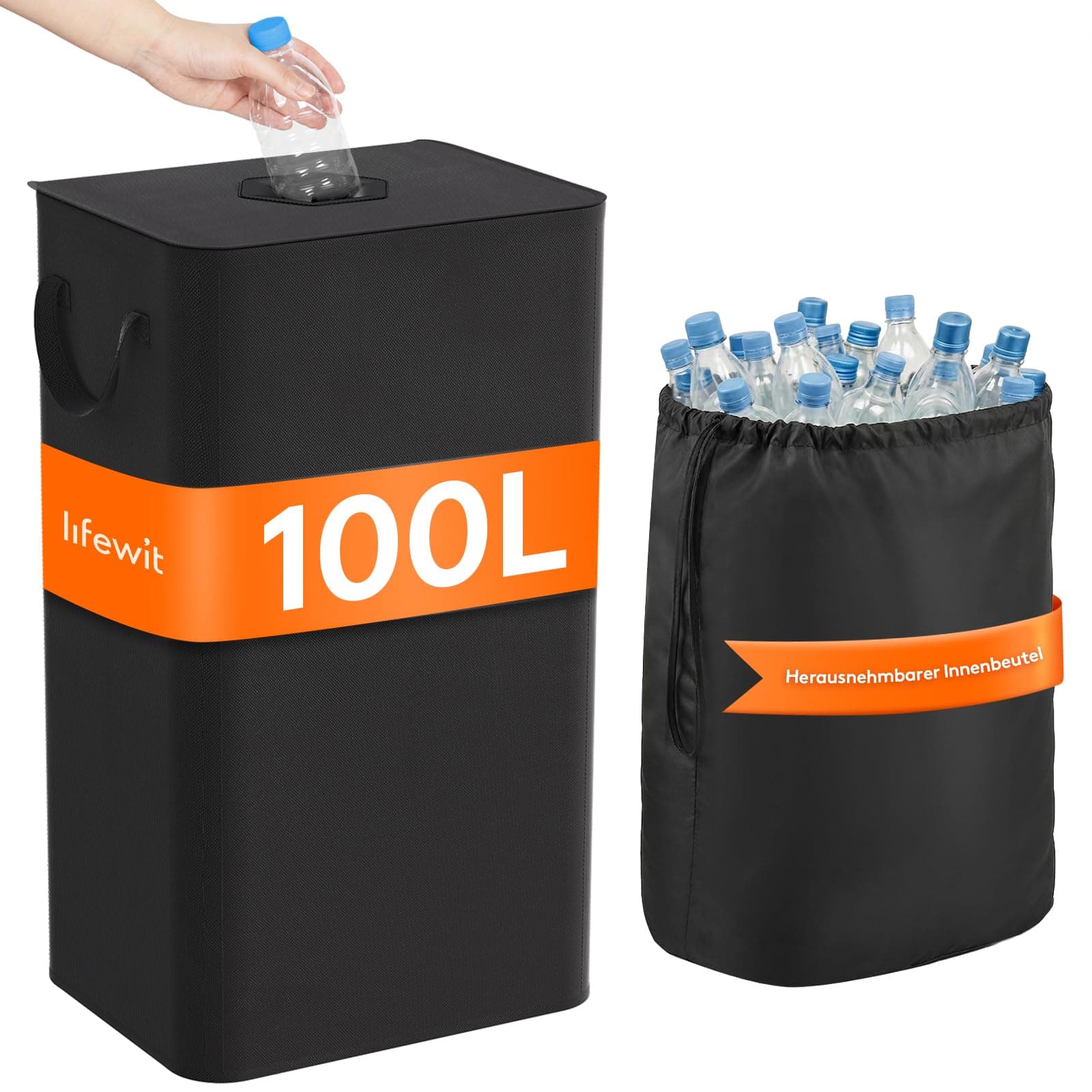Lifewit 100L Pfandflaschen Sammelbehälter mit Deckel, Groß Pfandflaschen Aufbewahrung, Behälter Leergut & Altglas Aufbewahrung, Flaschensammler mit Loch Küche Abstellraum Flaschentasche, Schwarz