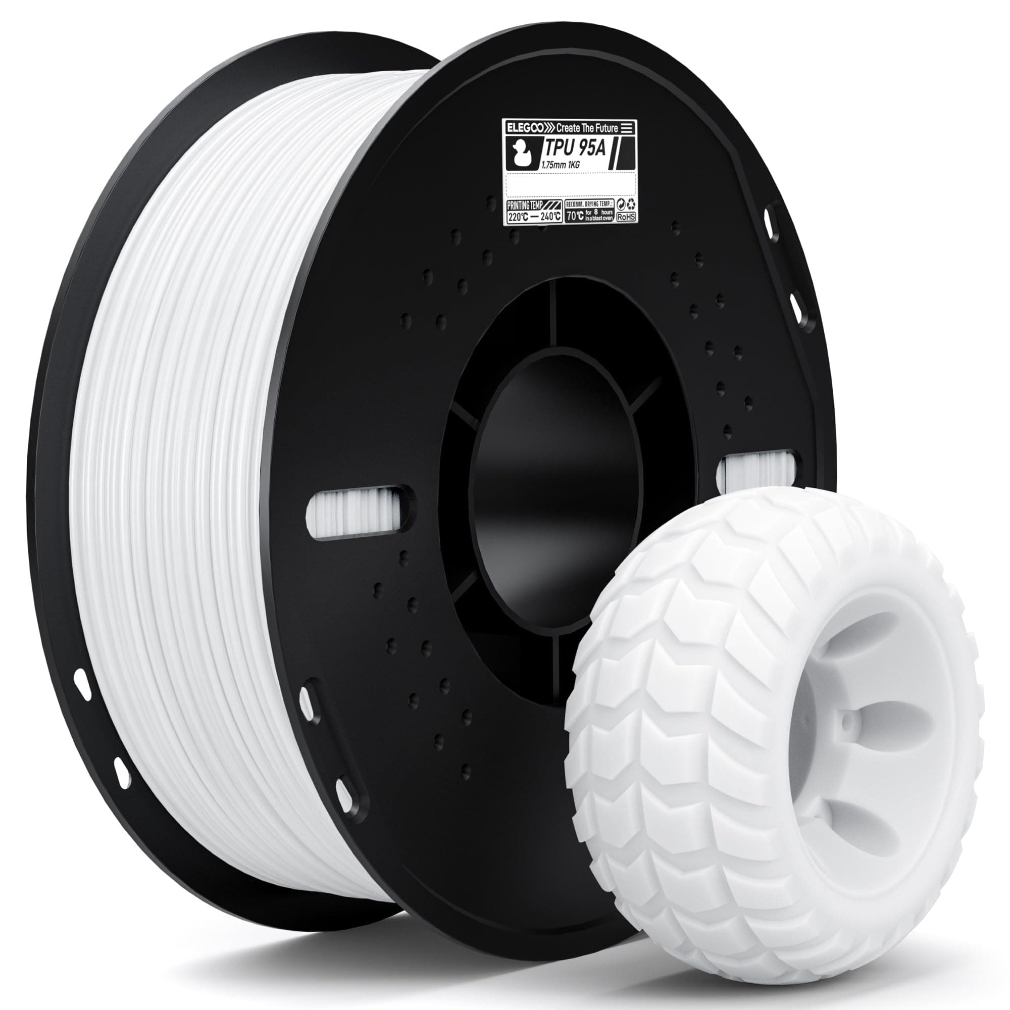 ELEGOO Filamento TPU 95A 1.75mm 1KG Blanco, Filamento Flexible 95A Suave para Impresoras 3D, Carrete de Plástico, para La Mayoría de Impresoras 3D