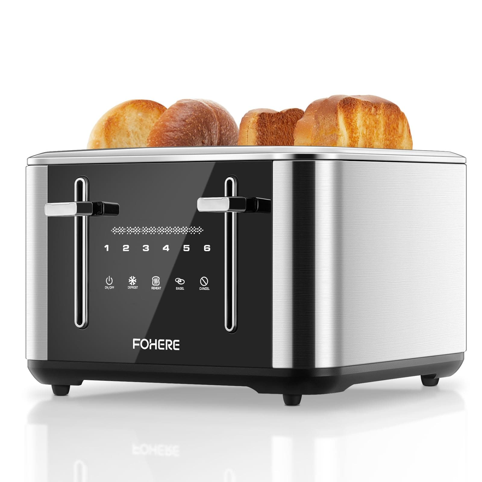 Tostadora 4 Rodajas, 1600W Toaster Inteligente Inoxidable, 6 Niveles de Tostado, Control Con Pantalla TáCtil Completa, Ranura Extra Ancha 1.57 Pulgadas, Temporizador Digital, Caja Recogemigas, Plata