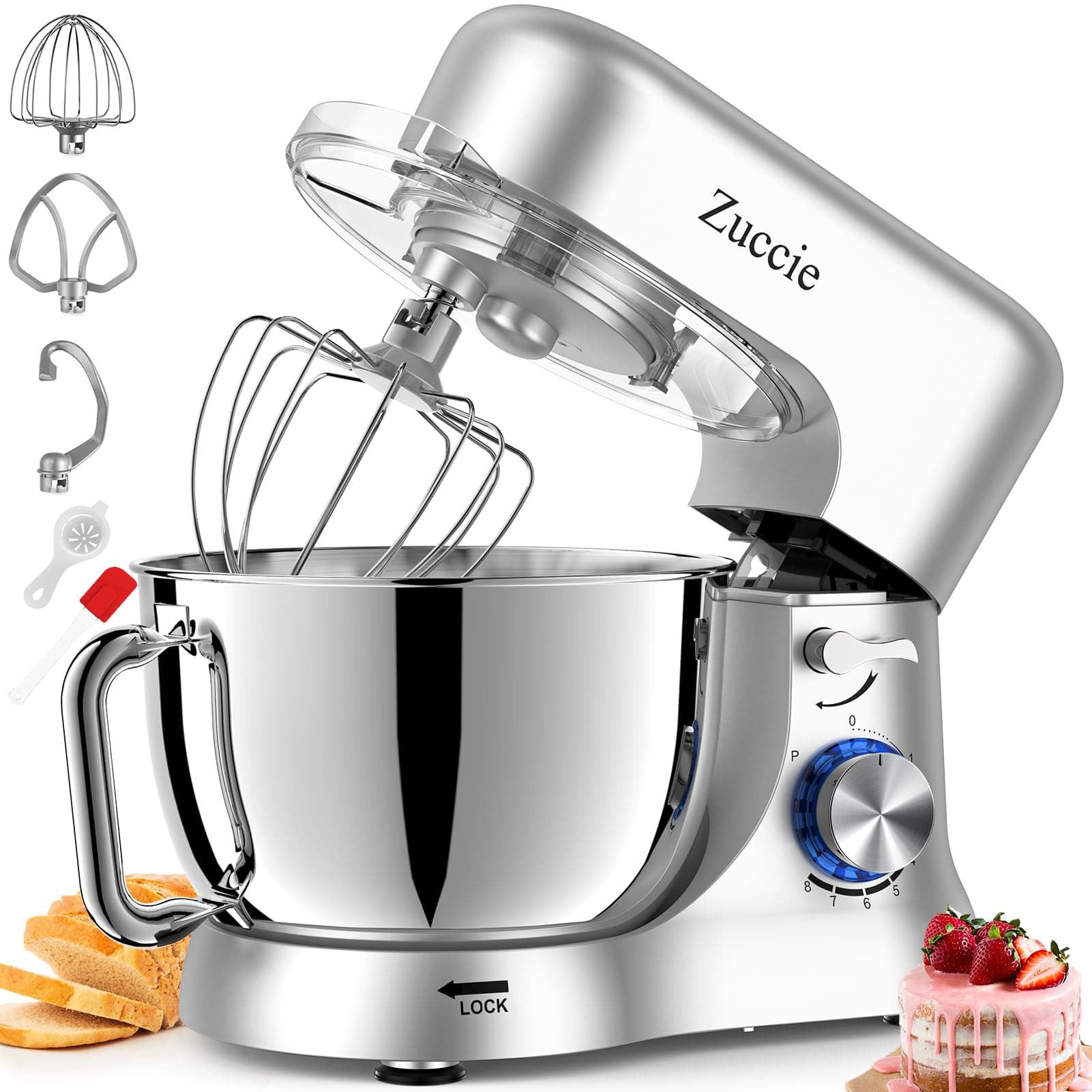 Impastatrice Planetaria, Zuccie 1000W Robot da Cucina Multifunzione, 5L 8 Velocità Impastatrice Professionale con Frusta, Gancio per Impastare, Frusta per Dolci, Ciotola di Acciaio Inossidabile