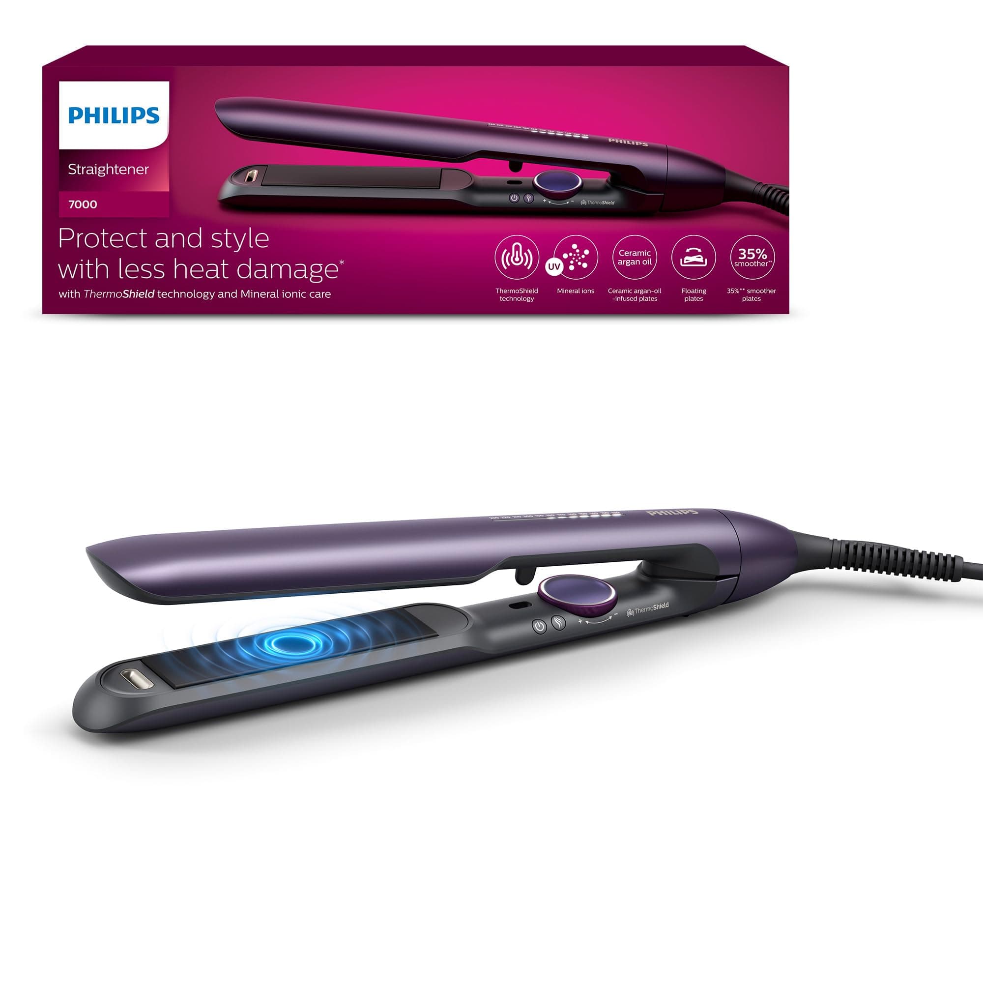 Philips Piastra Serie 7000, tecnologia ThermoShield, agli ioni, piastre con rivestimento in ceramica arricchito con olio di argan, ottanio metallizzato, modello BHS732/00