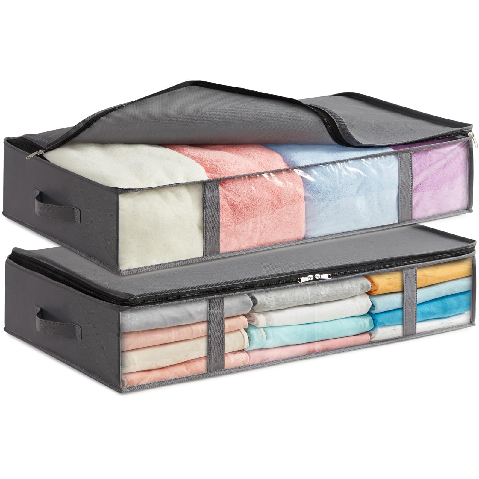 Lifewit 2 Stück 65L Unterbett Aufbewahrungsbox, Faltbare Unterbettkommode Aufbewahrungstasche Storage Boxes mit Deckel, Unterbett Aufbewahrung für Kleider Unterbett Kleiderschrank, Grau