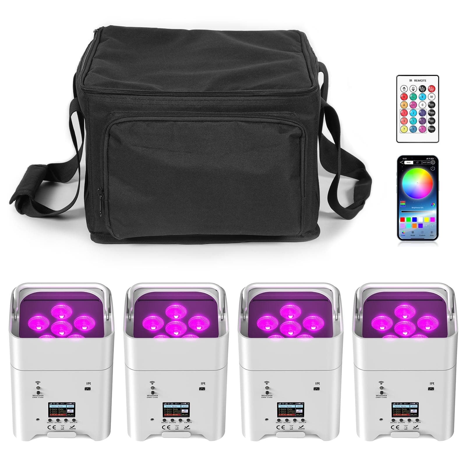 PUZILOZA 4 luces LED de 108 W, con bolsa, APP RGBWA+UV DMX, batería recargable incorporada de 9600 mAh, luz de escenario con mando a distancia para DJ Bar KTV Boda Geburtsta