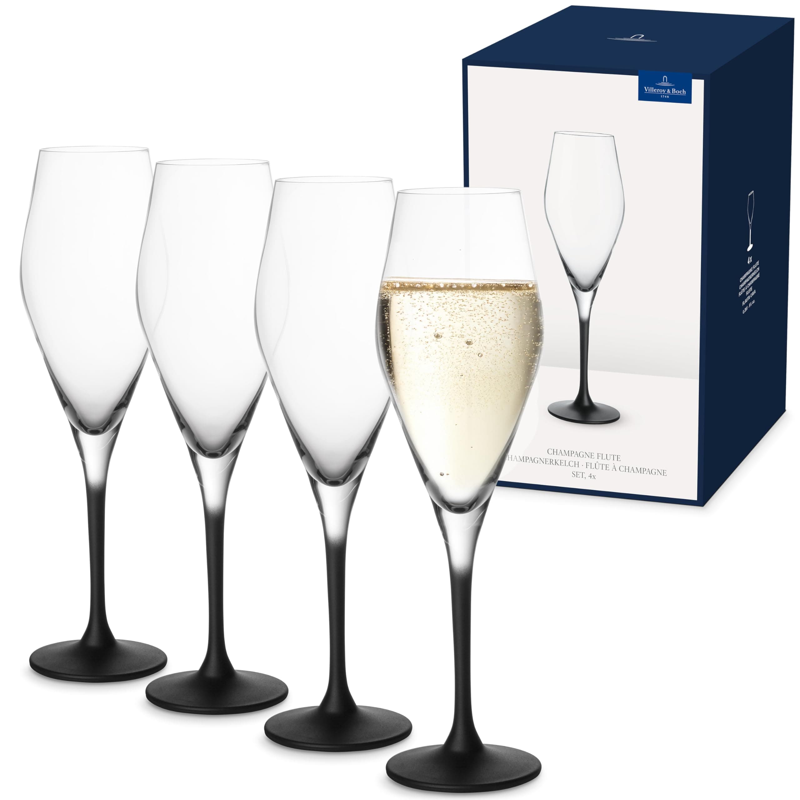 Villeroy & Boch - Manufacture Rock Champagnerglas Set 4-teilig 260 ml, Champagnergläser Schwarz, Gläser Champagner, Prosecco Gläser, Sekt Gläser Schwarz Matt Modern, Sektflöte, Kristallglas