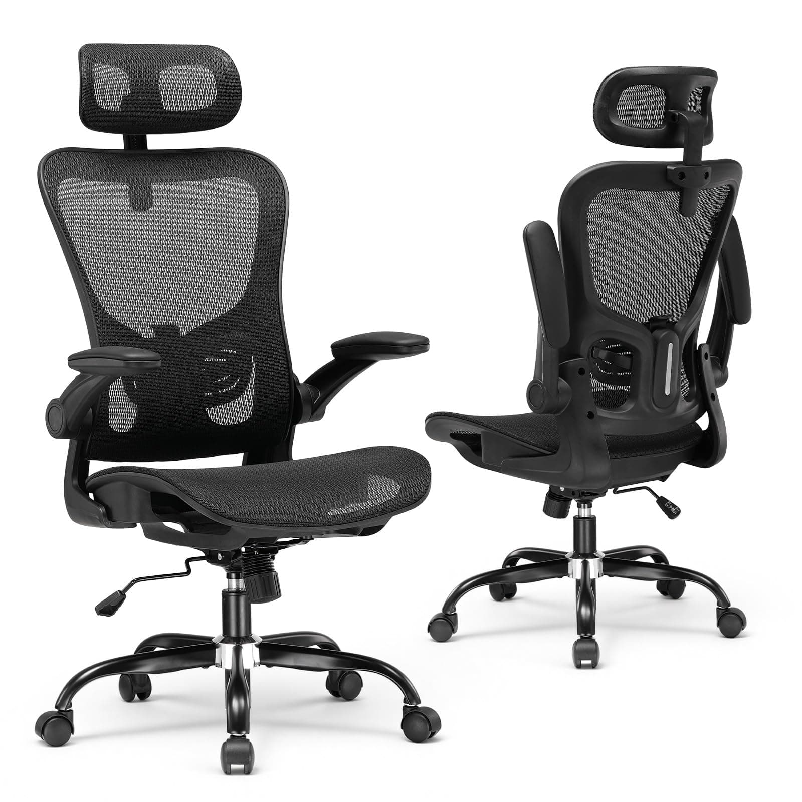 GTPLAYER Chaise de Bureau Ergonomique, Fauteuil avec Appui-tête Réglable, Accoudoirs Rabattables, Soutien Lombaire,Chaise de Gaming Fonction Bascule, Siège Rembourré en Maille Respirante,150 kg (Noir)