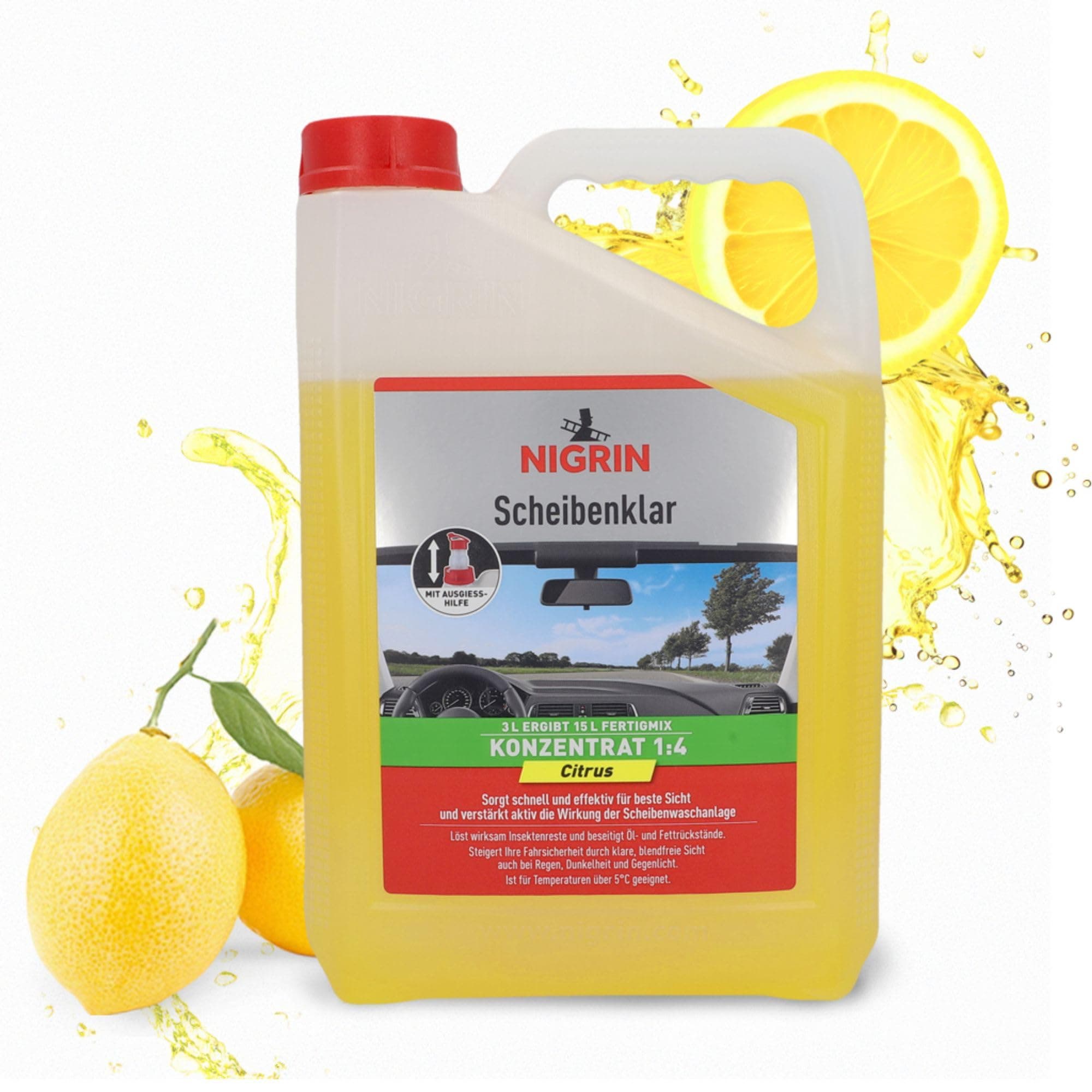 NIGRIN Scheibenklar Konzentrat 1:4 Citrus | 3 Liter | Reinigungszusatz für Autoscheiben und Scheinwerfer | integrierte Ausgießhilfe | entfernt Insekten, Fett | schlierenfrei | sehr ergiebig | ab 5°C