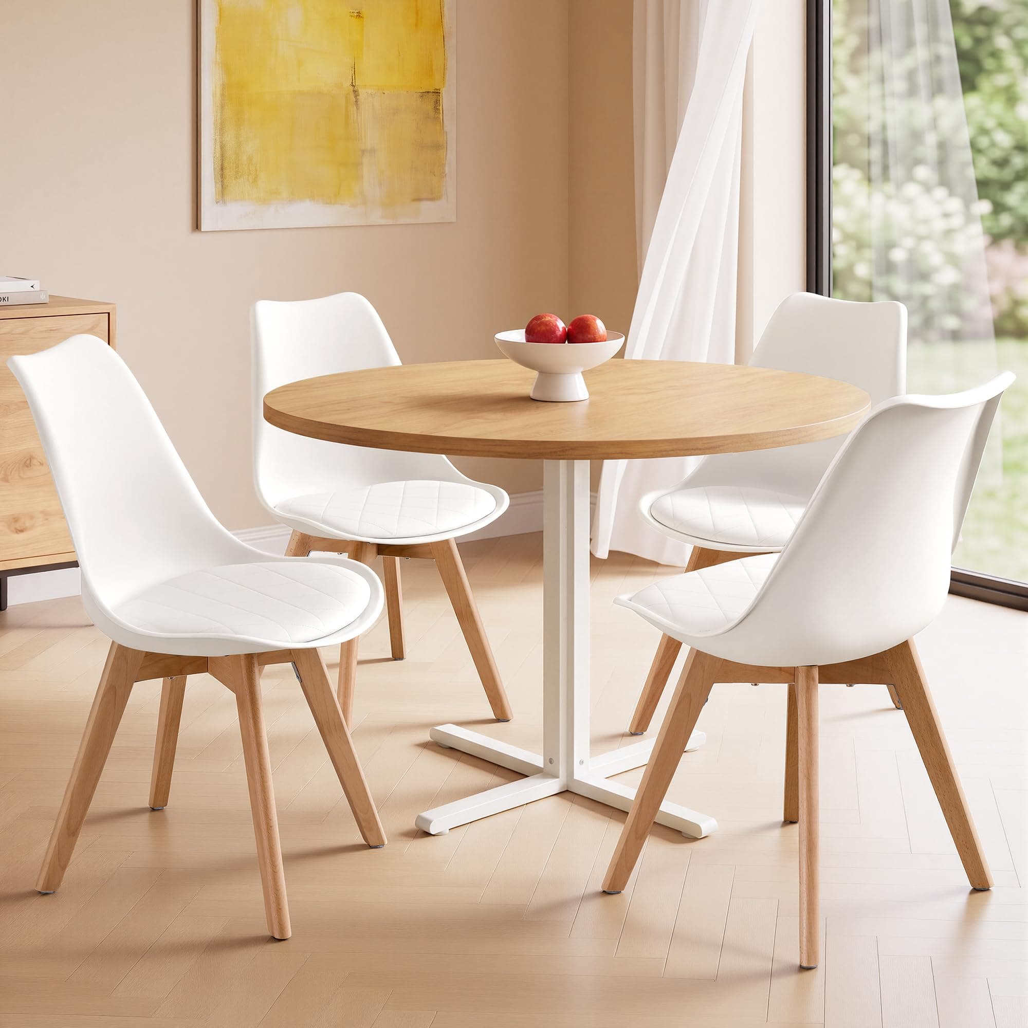 VASAGLE Sillas de Comedor, Cuero PU y Madera de Haya, Asiento Acolchado, Set de 4, 46,5 x 57 x 79 cm, Blanco Nube y Color Natural, para Salón y Cocina, Colección Lenna KDC888WD01