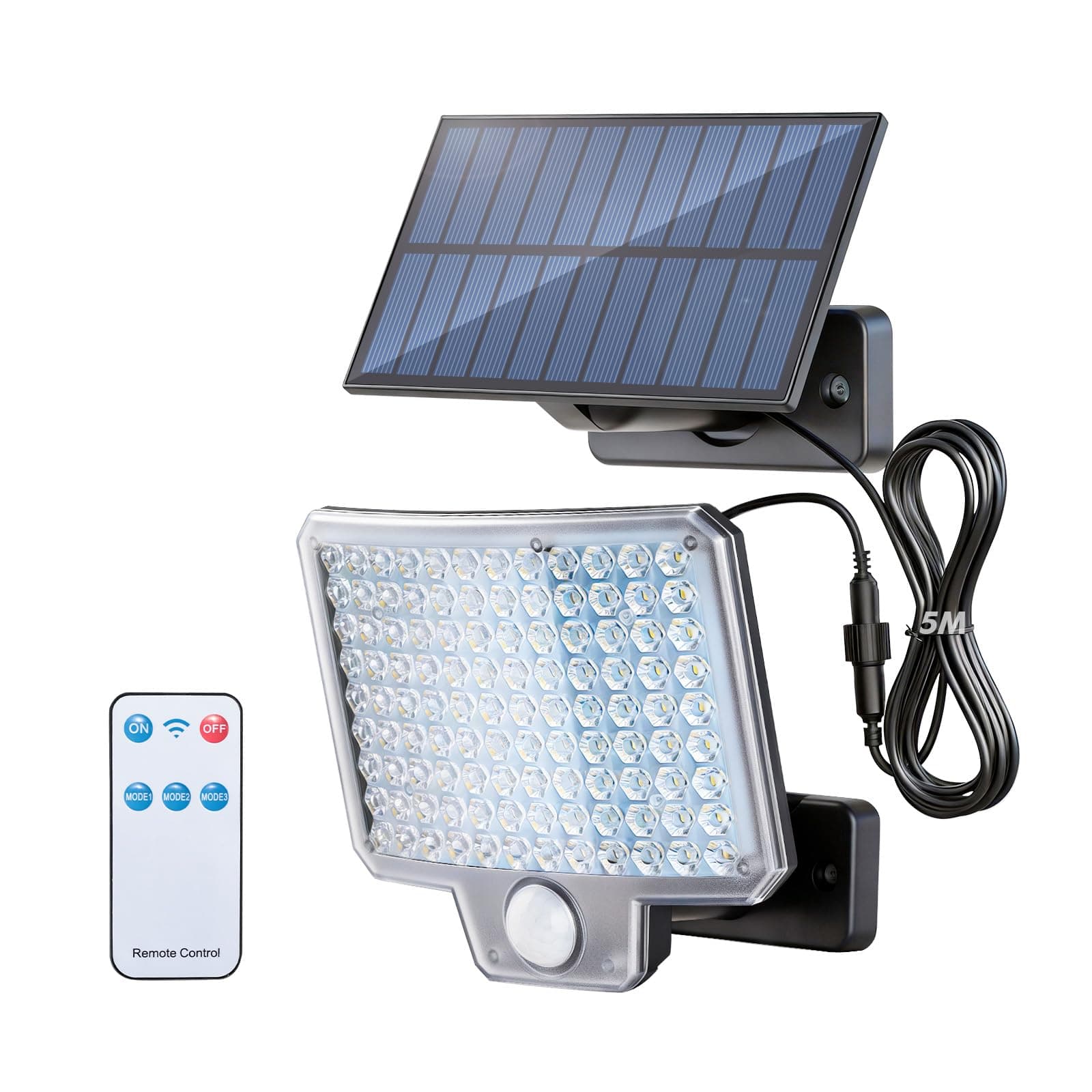 GRIFEMA GD201 Luz Solar Exterior con Sensor de Movimiento, [108 LEDs/ 3 Modos/ 1500mAH], Foco Solar Exterior con Control Remoto, IP65 Impermeable para Jardín, Garajes